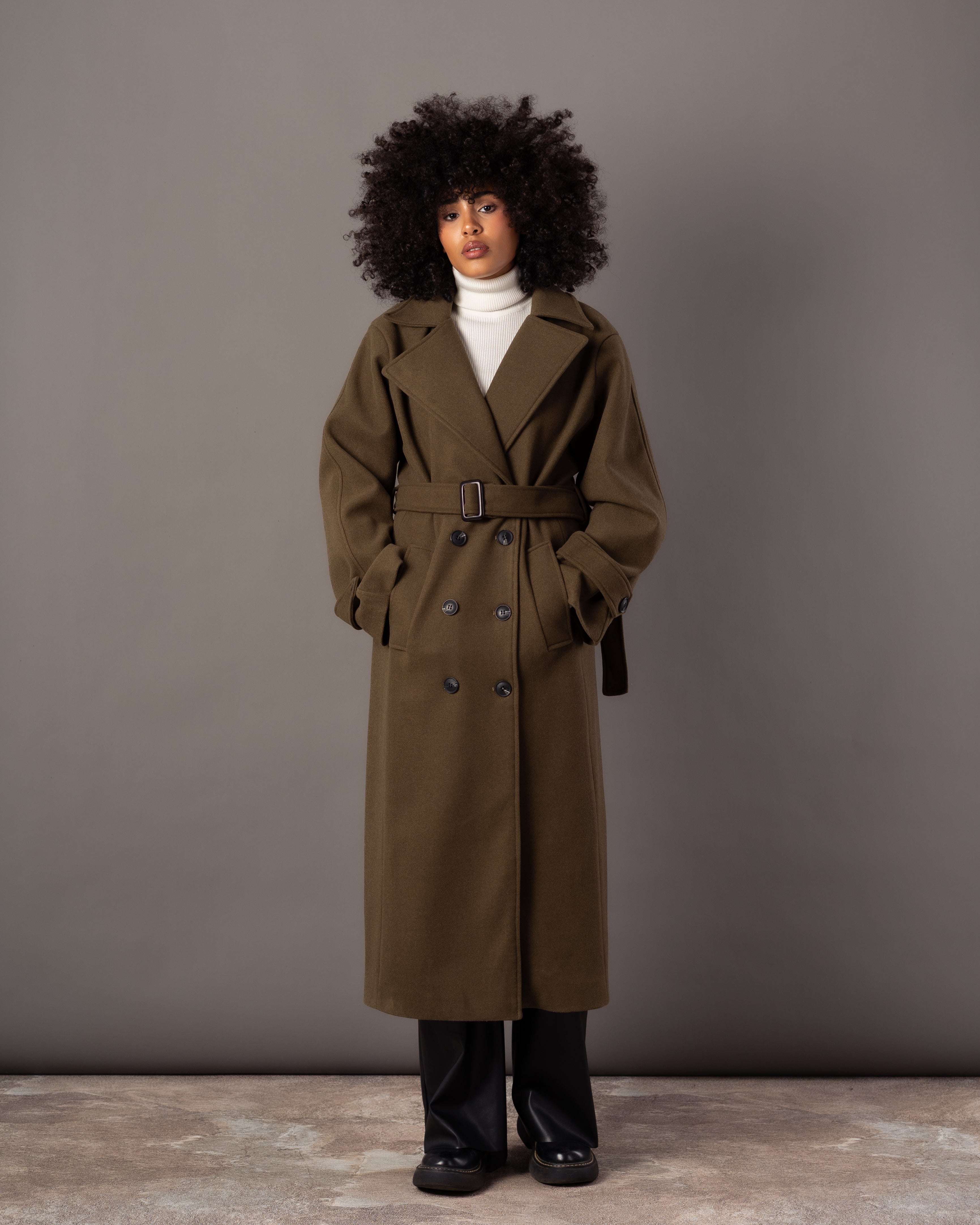 Wool Jacket With Belt – Plain Long (Small Collar)