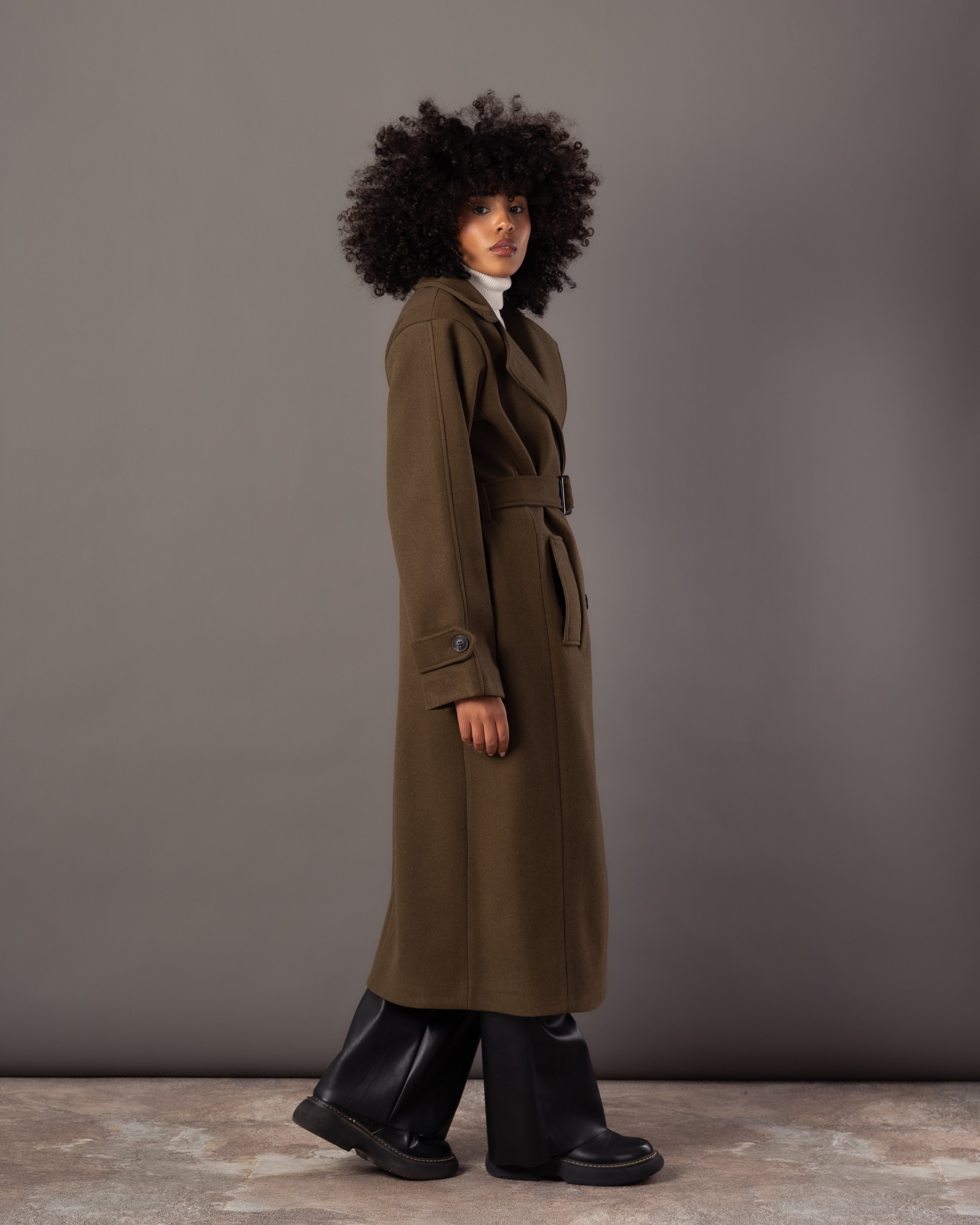 Wool Jacket With Belt – Plain Long (Small Collar)