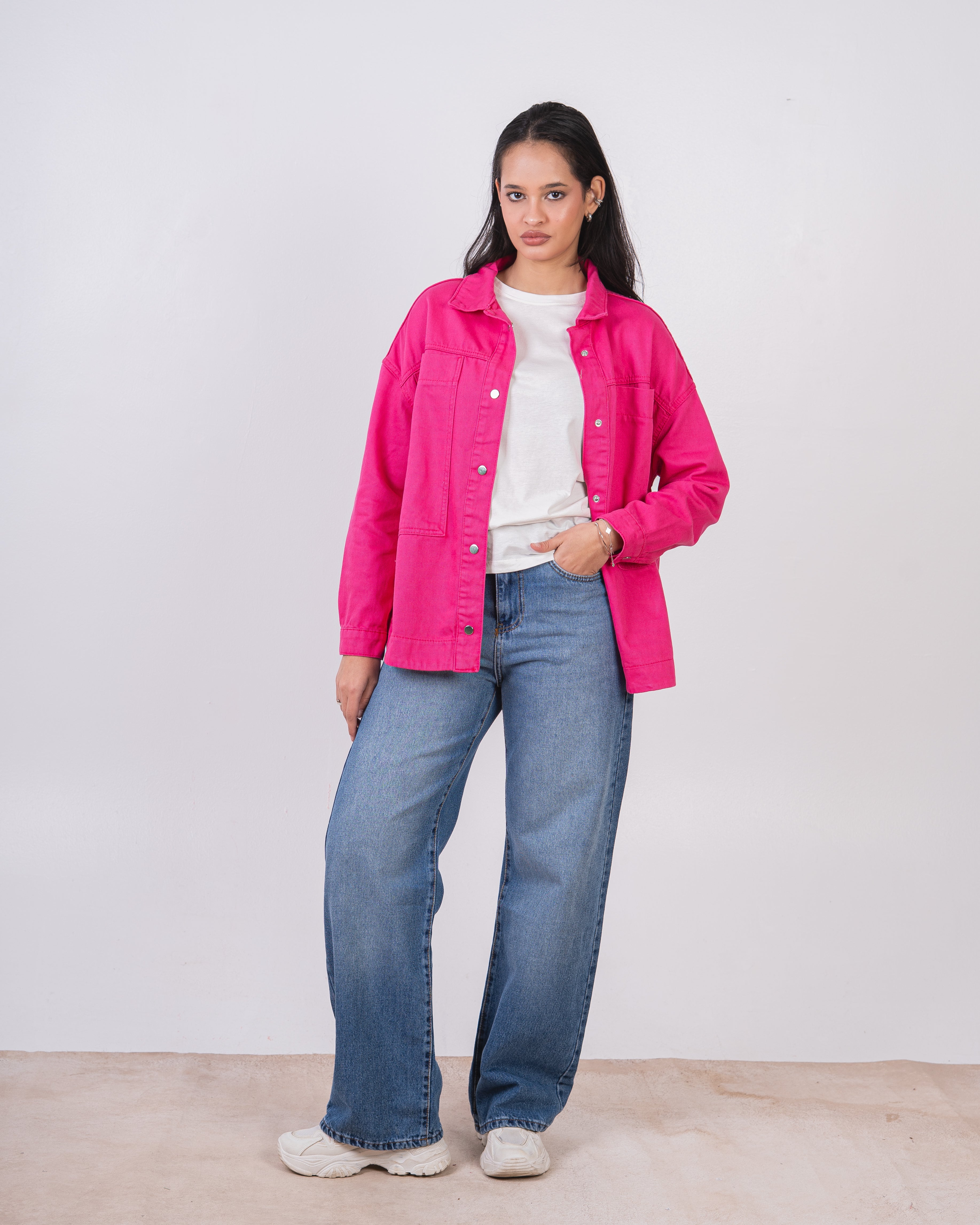 Long Gabardine Jacket - With Large Pocket And Snap Buttons