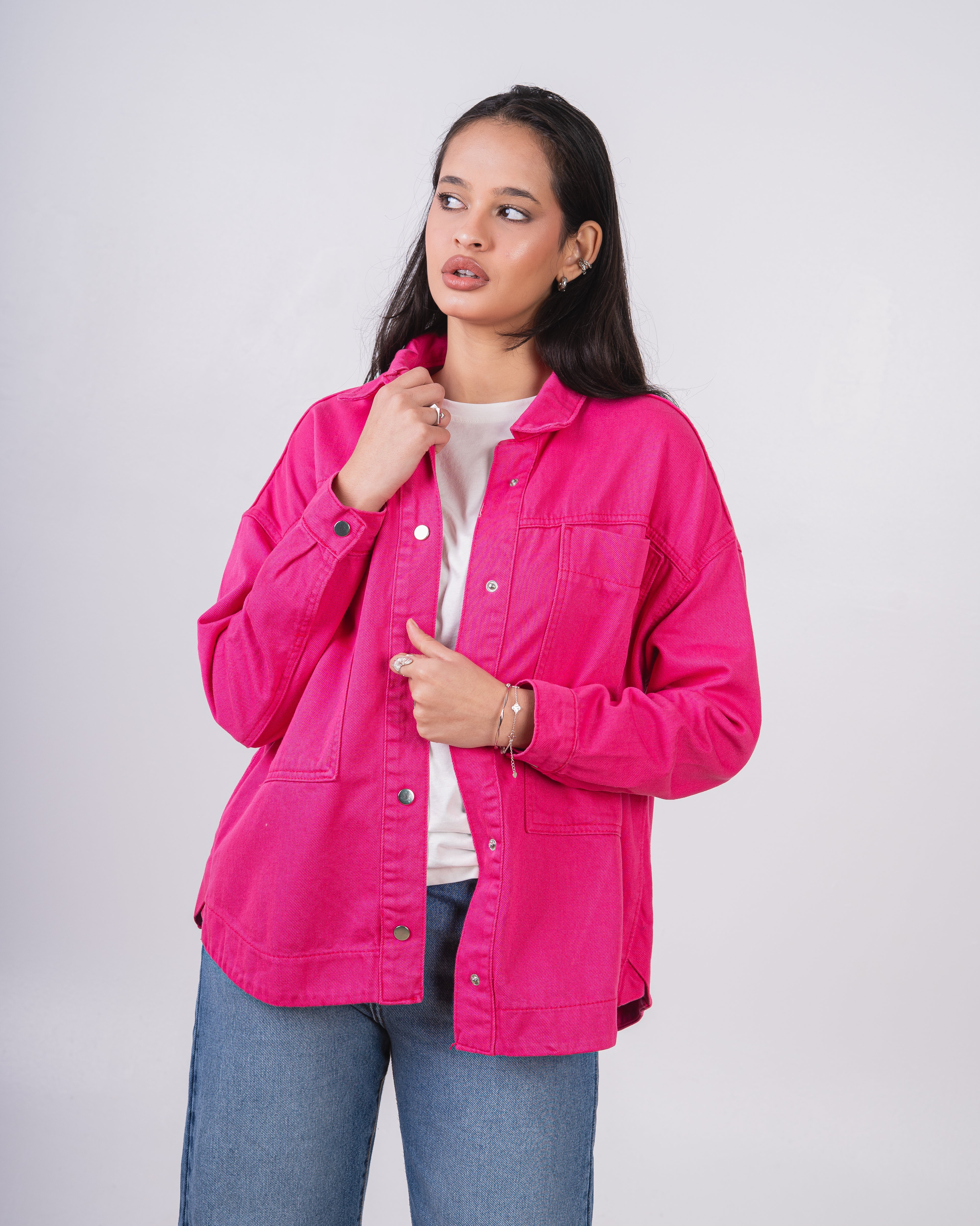 Long Gabardine Jacket - With Large Pocket And Snap Buttons