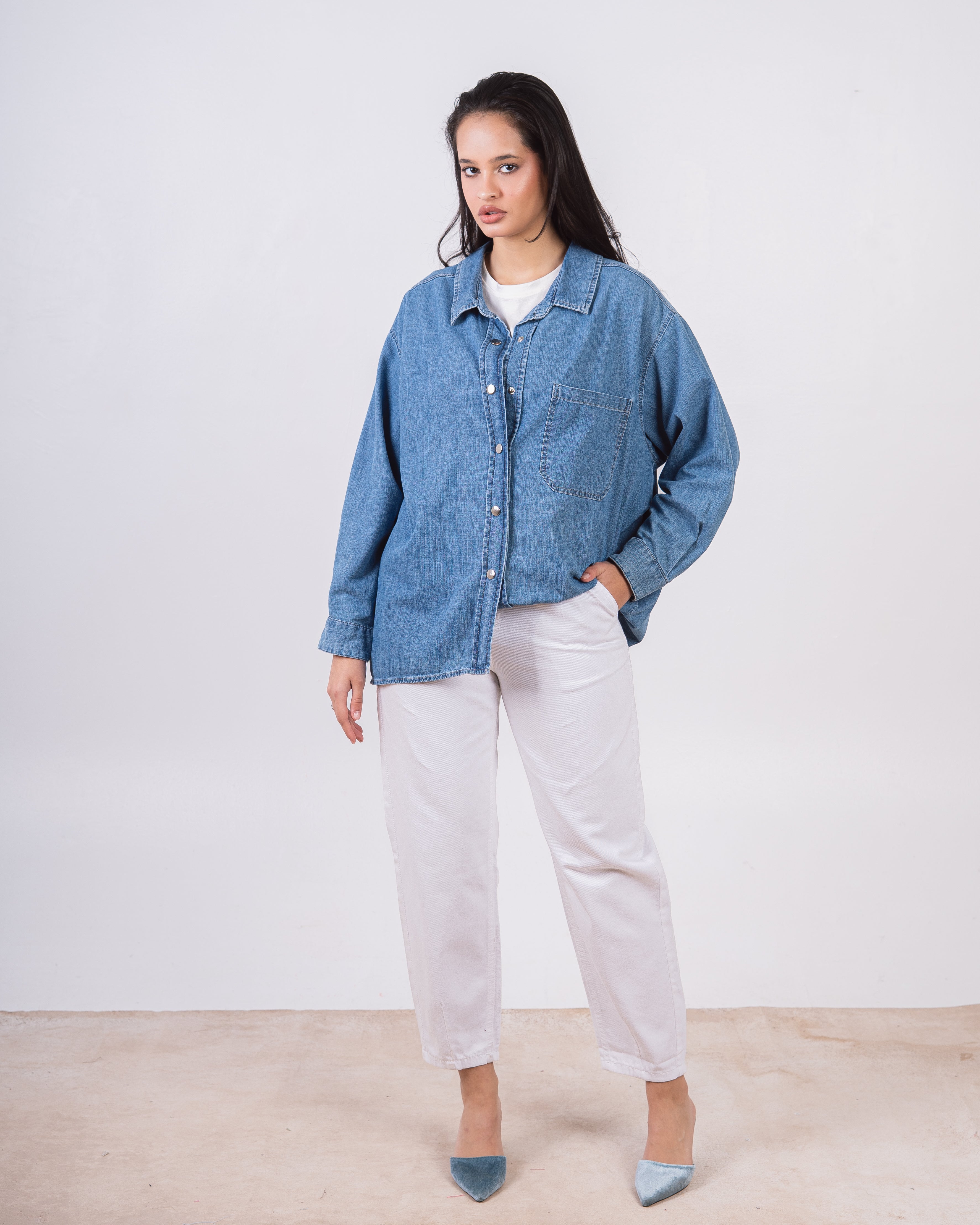 Long Denim Shirt With - Snap Buttons