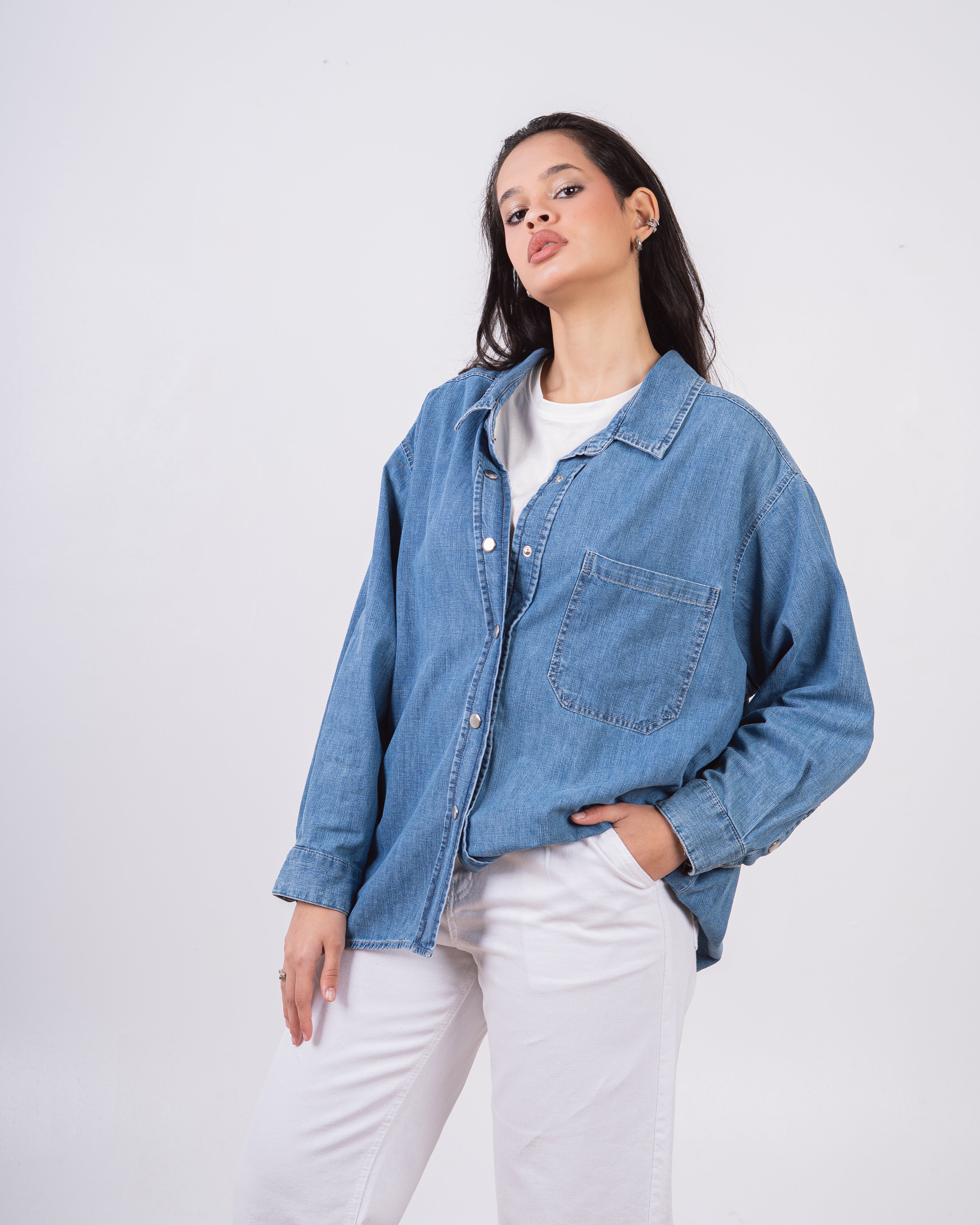 Long Denim Shirt With - Snap Buttons