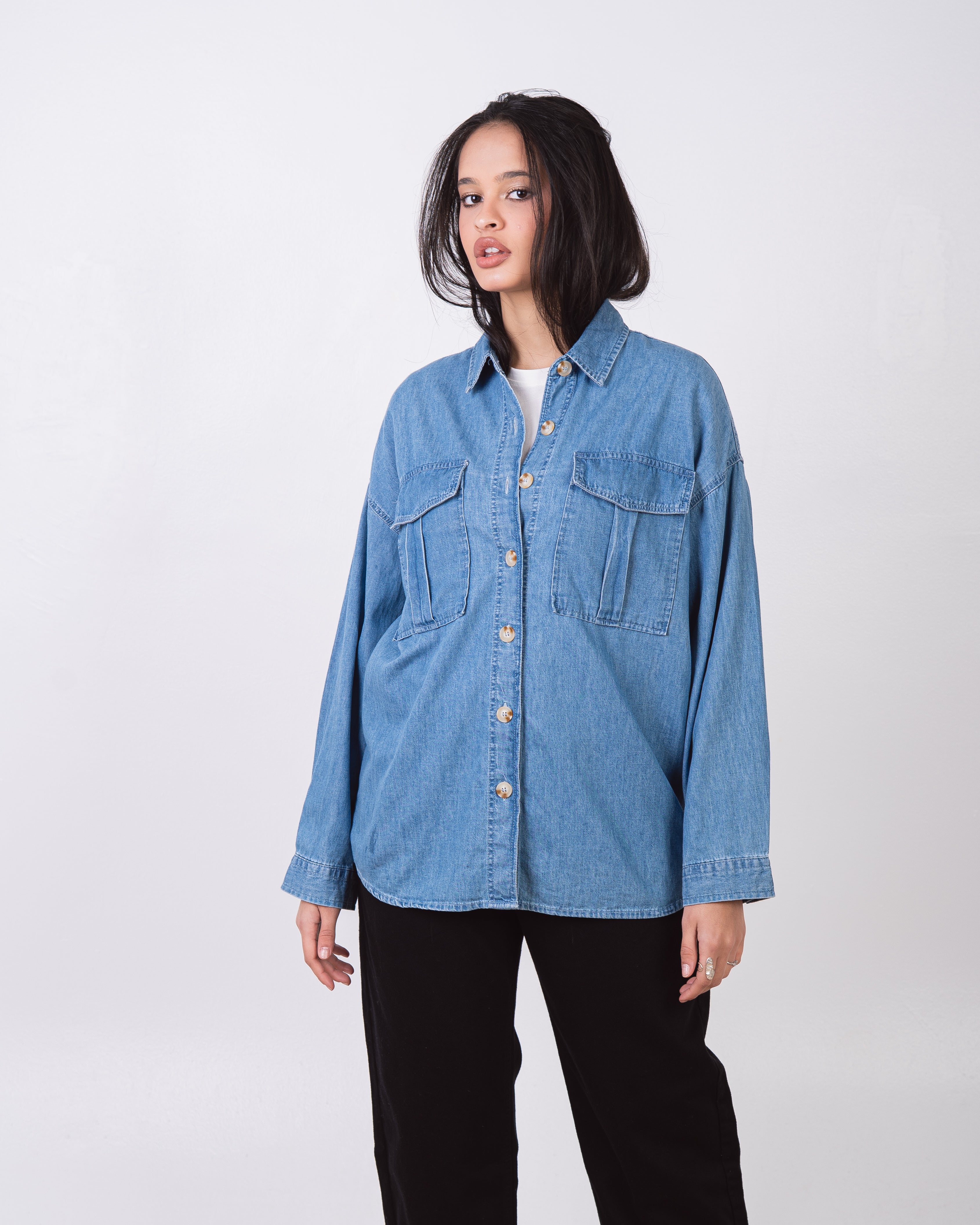 Denim Shirt With Rectangular Pocket - And Buttons