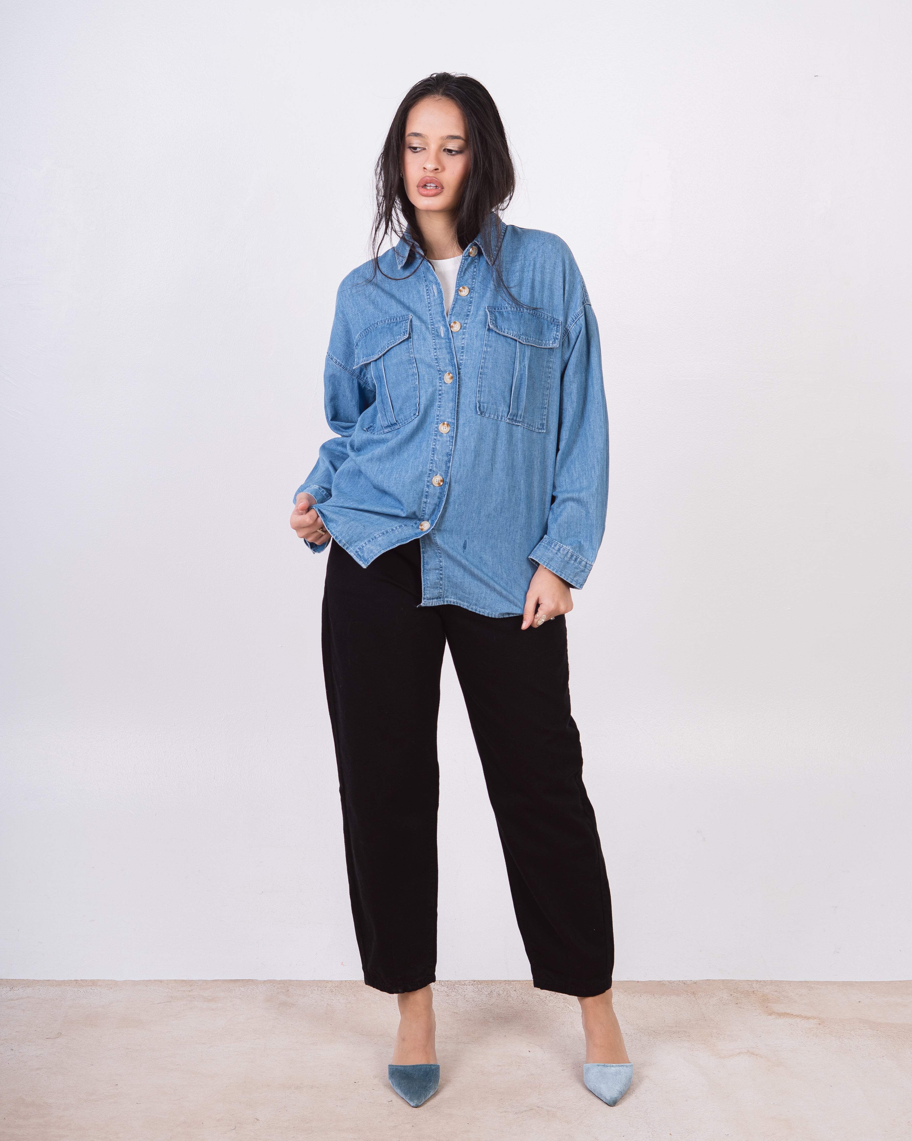 Denim Shirt With Rectangular Pocket - And Buttons