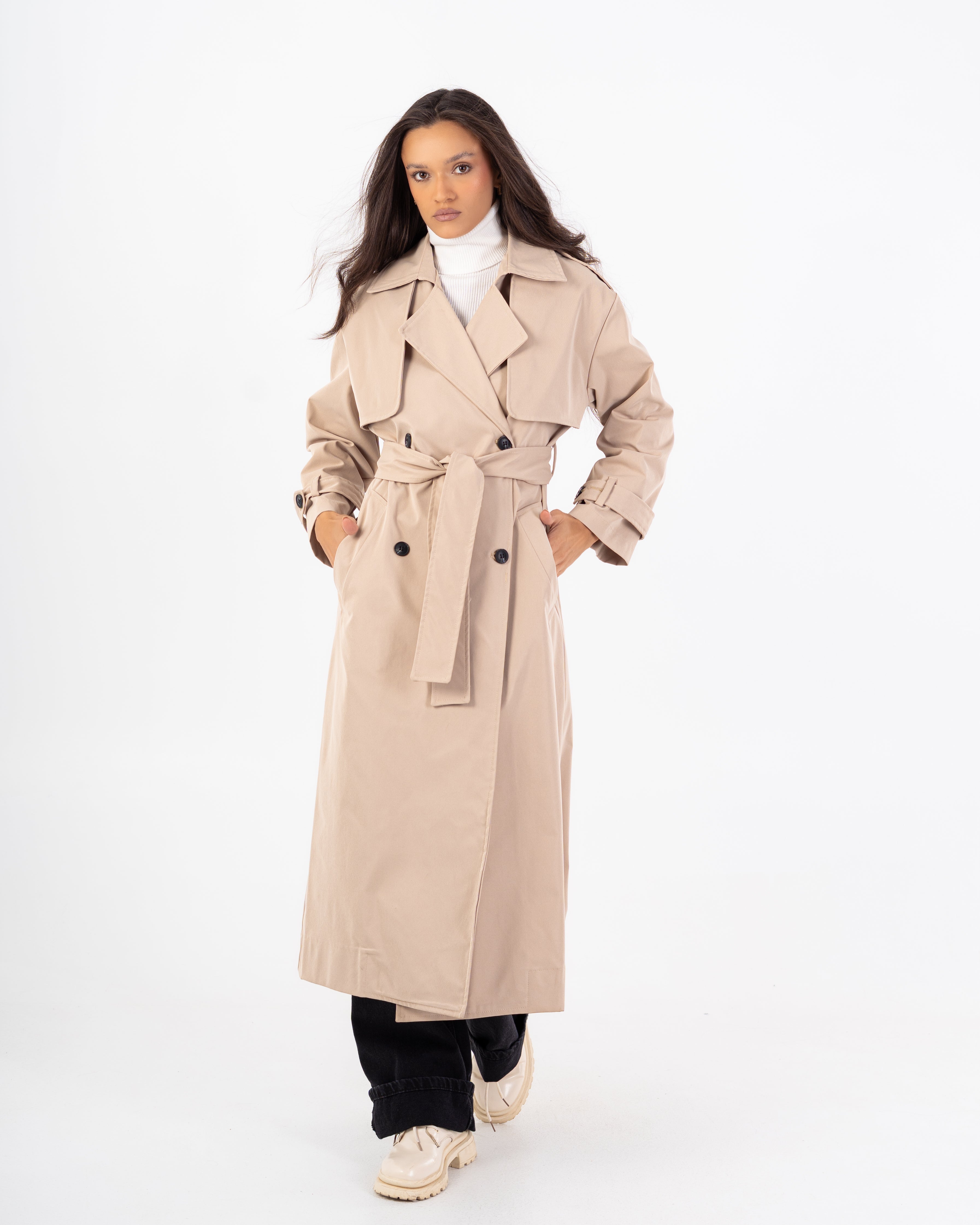 Long Trench Coat – Plain (With Belt And Buttons)