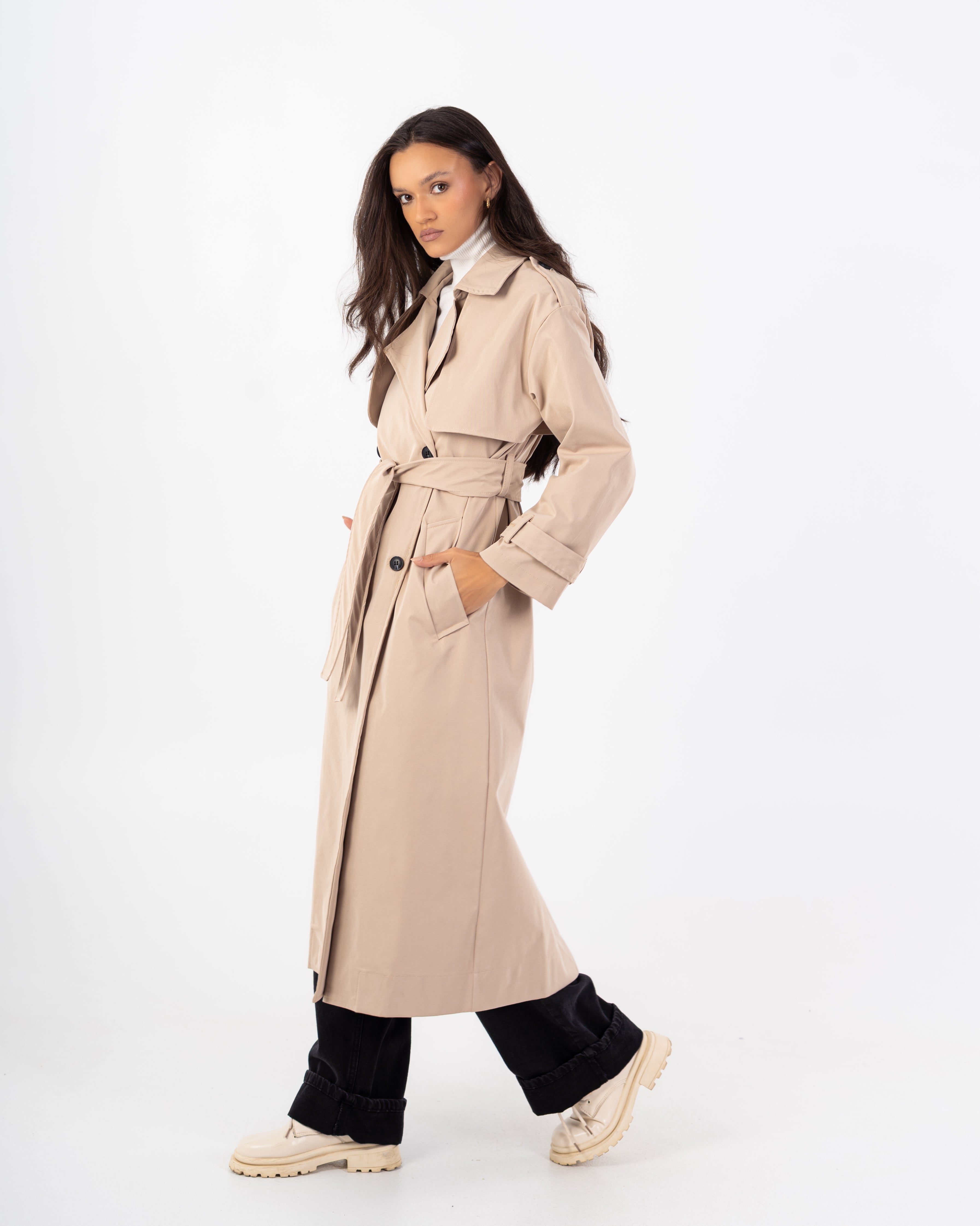 Long Trench Coat – Plain (With Belt And Buttons)