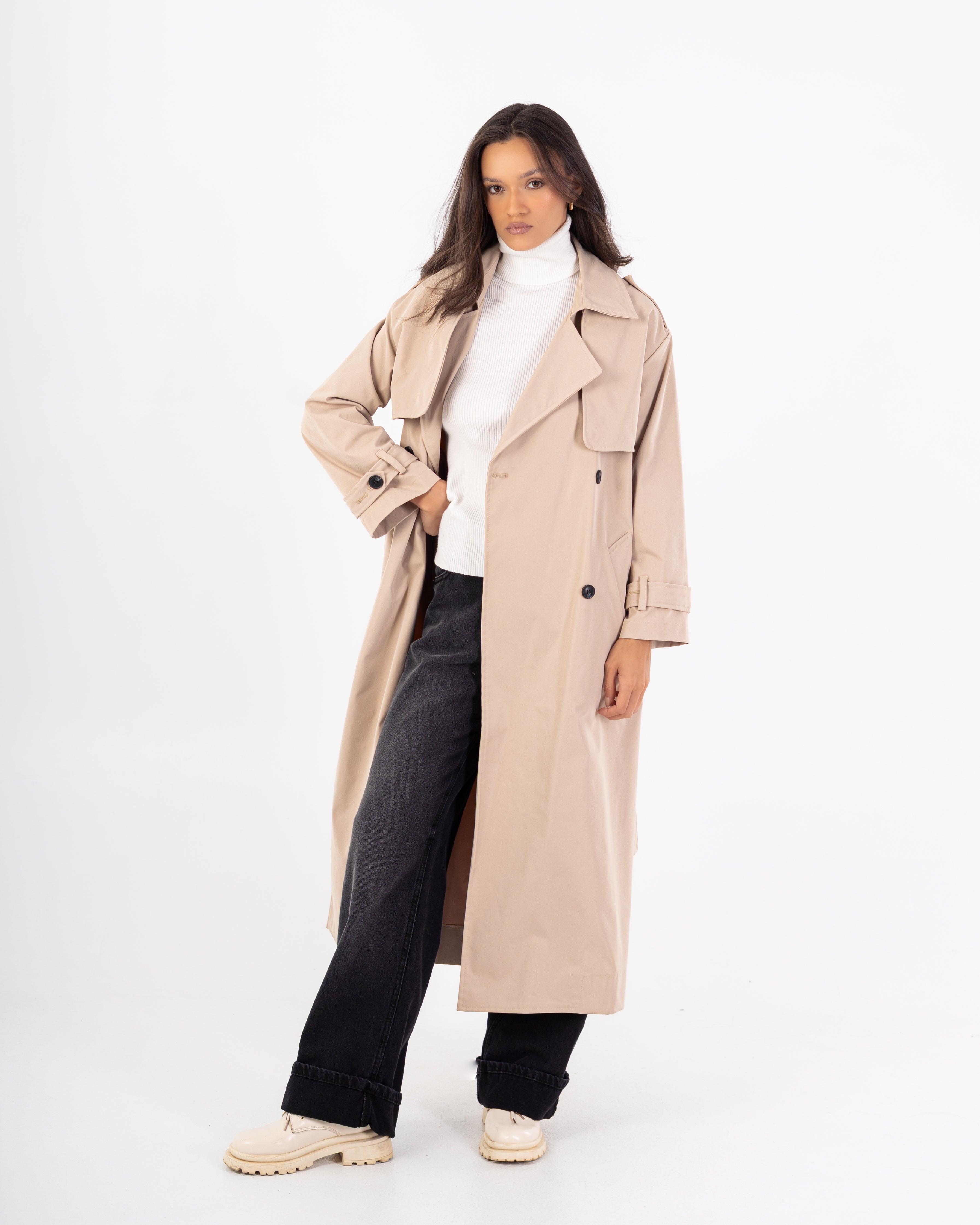 Long Trench Coat – Plain (With Belt And Buttons)