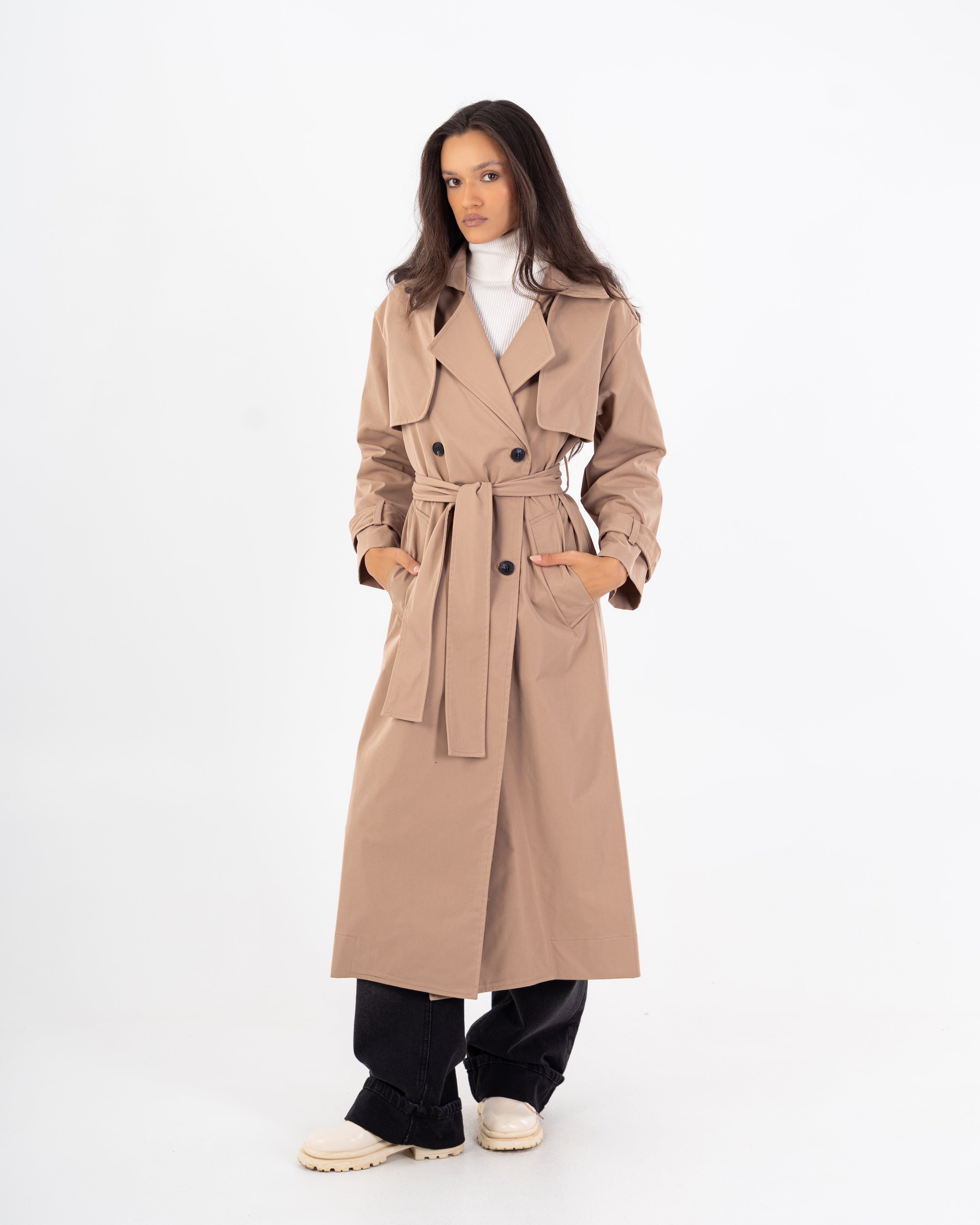 Long Trench Coat – Plain (With Belt And Buttons)