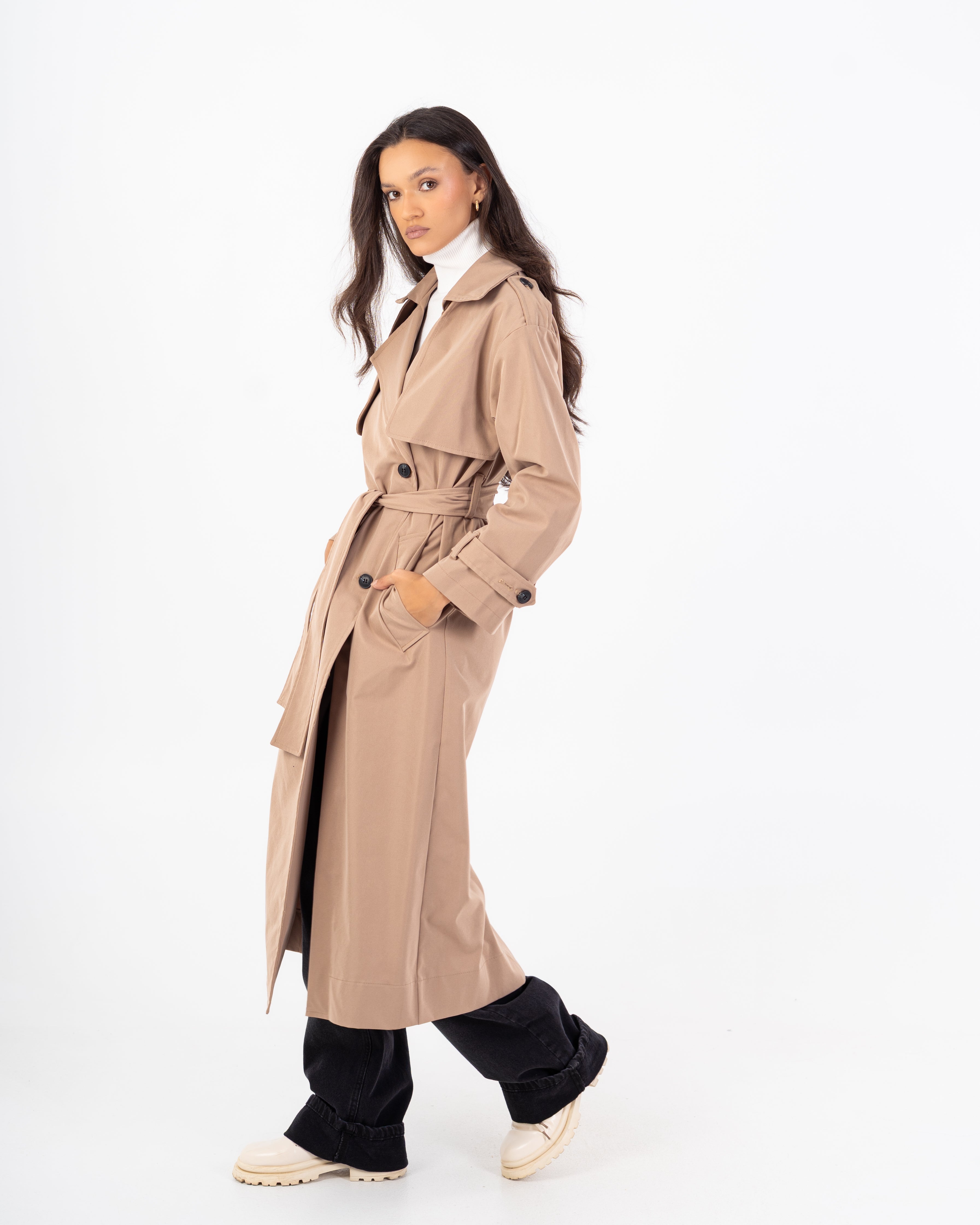 Long Trench Coat – Plain (With Belt And Buttons)