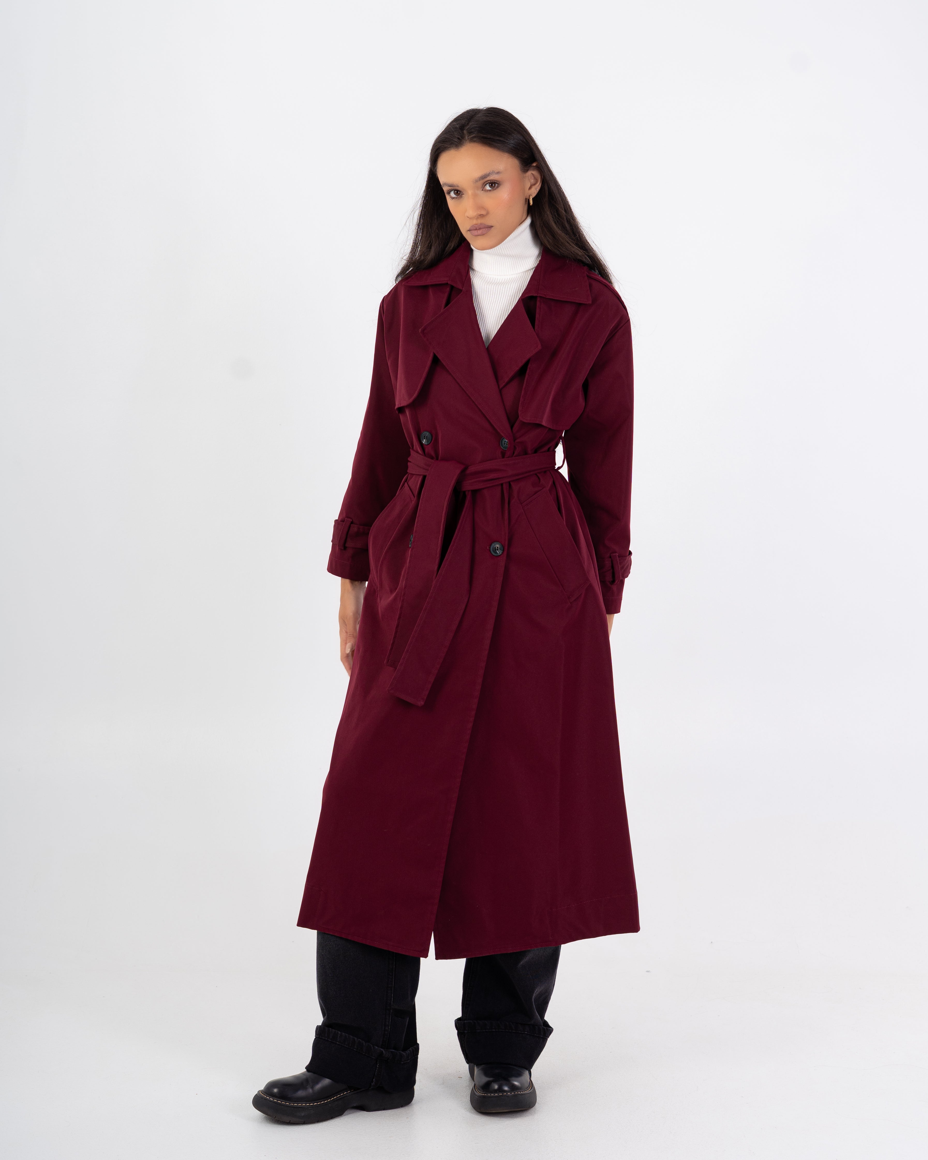 Long Trench Coat – Plain (With Belt And Buttons)