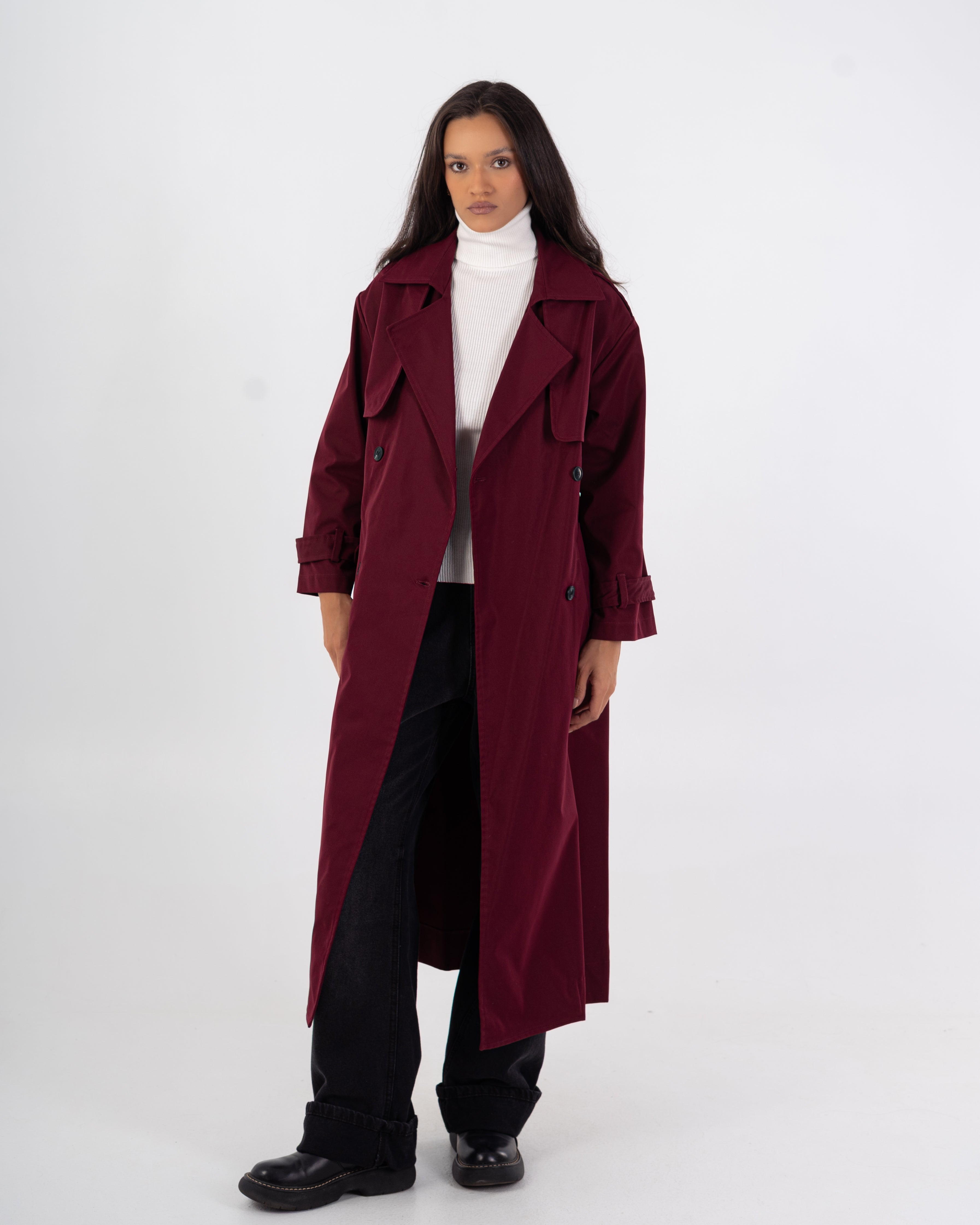 Long Trench Coat – Plain (With Belt And Buttons)