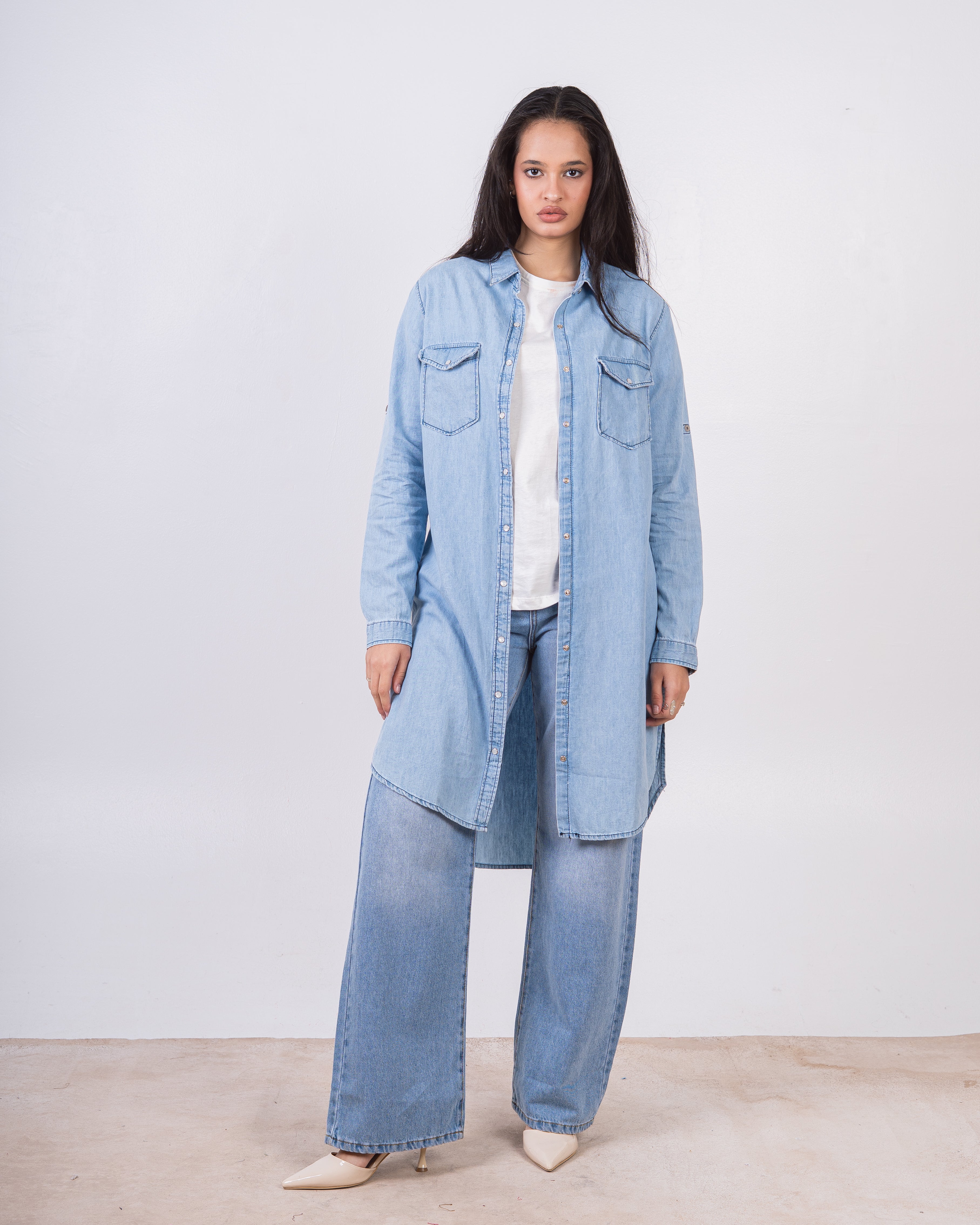 Long Plain Denim Shirt - With Snap Buttons