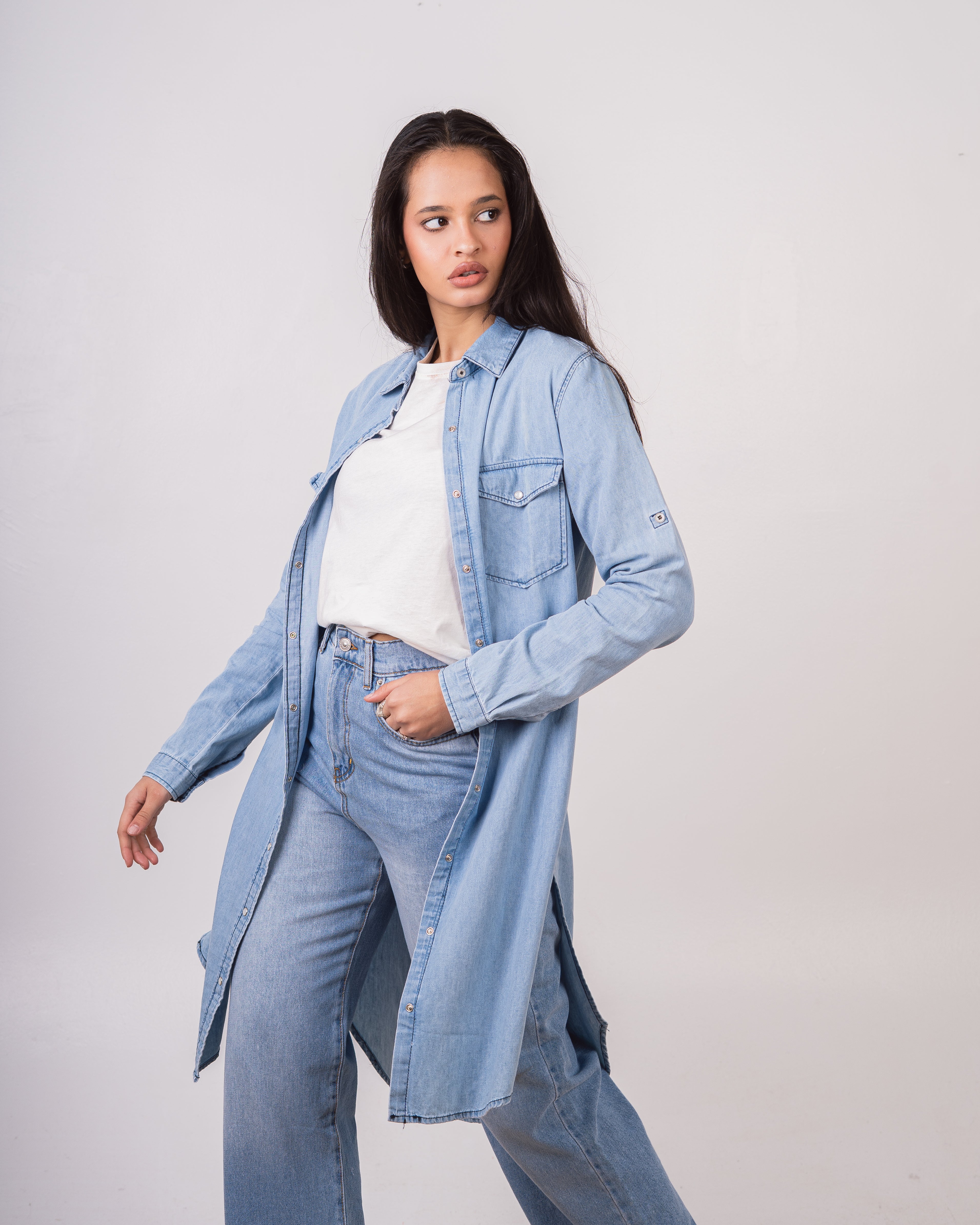 Long Plain Denim Shirt - With Snap Buttons