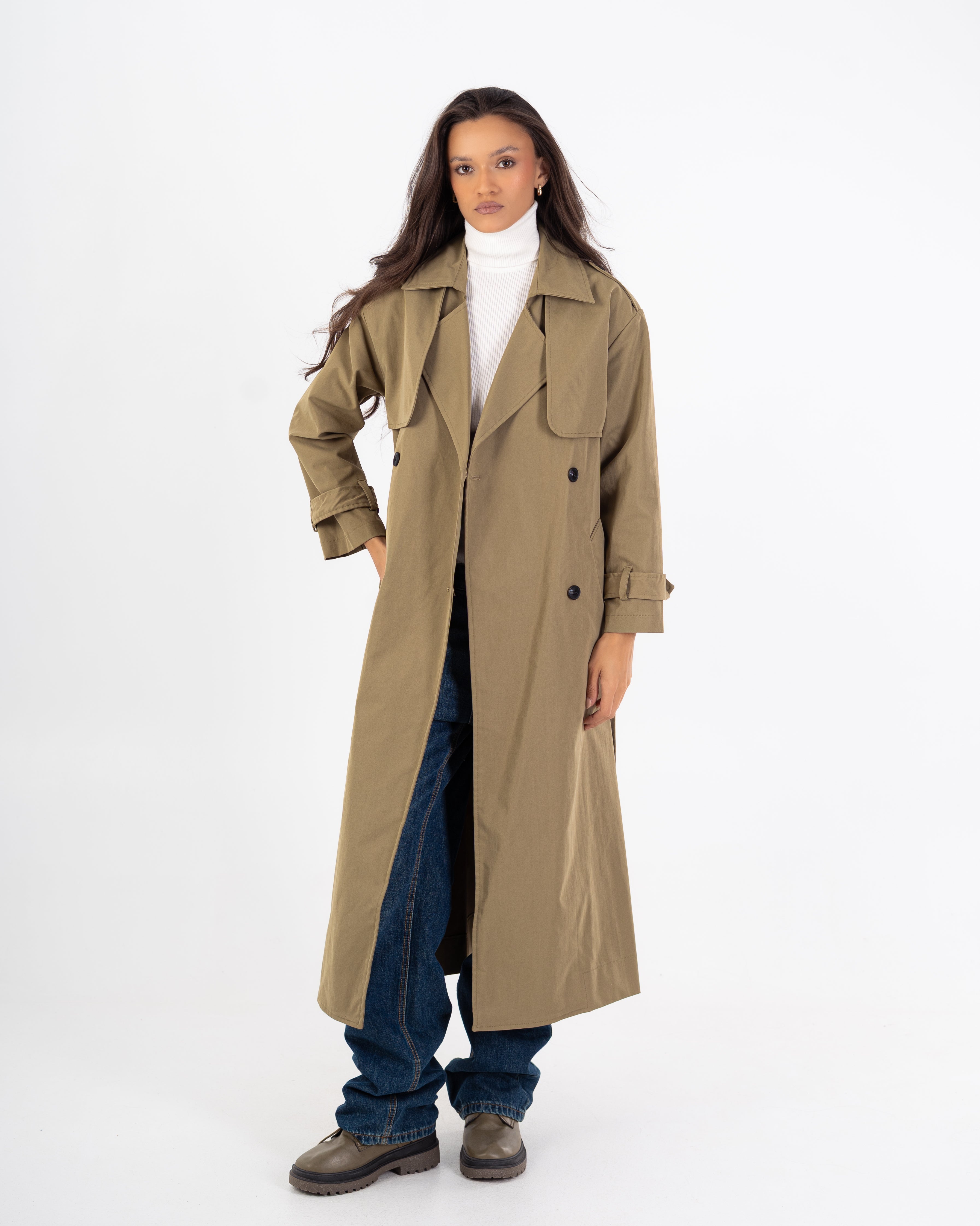 Long Trench Coat – Plain (With Belt And Buttons)