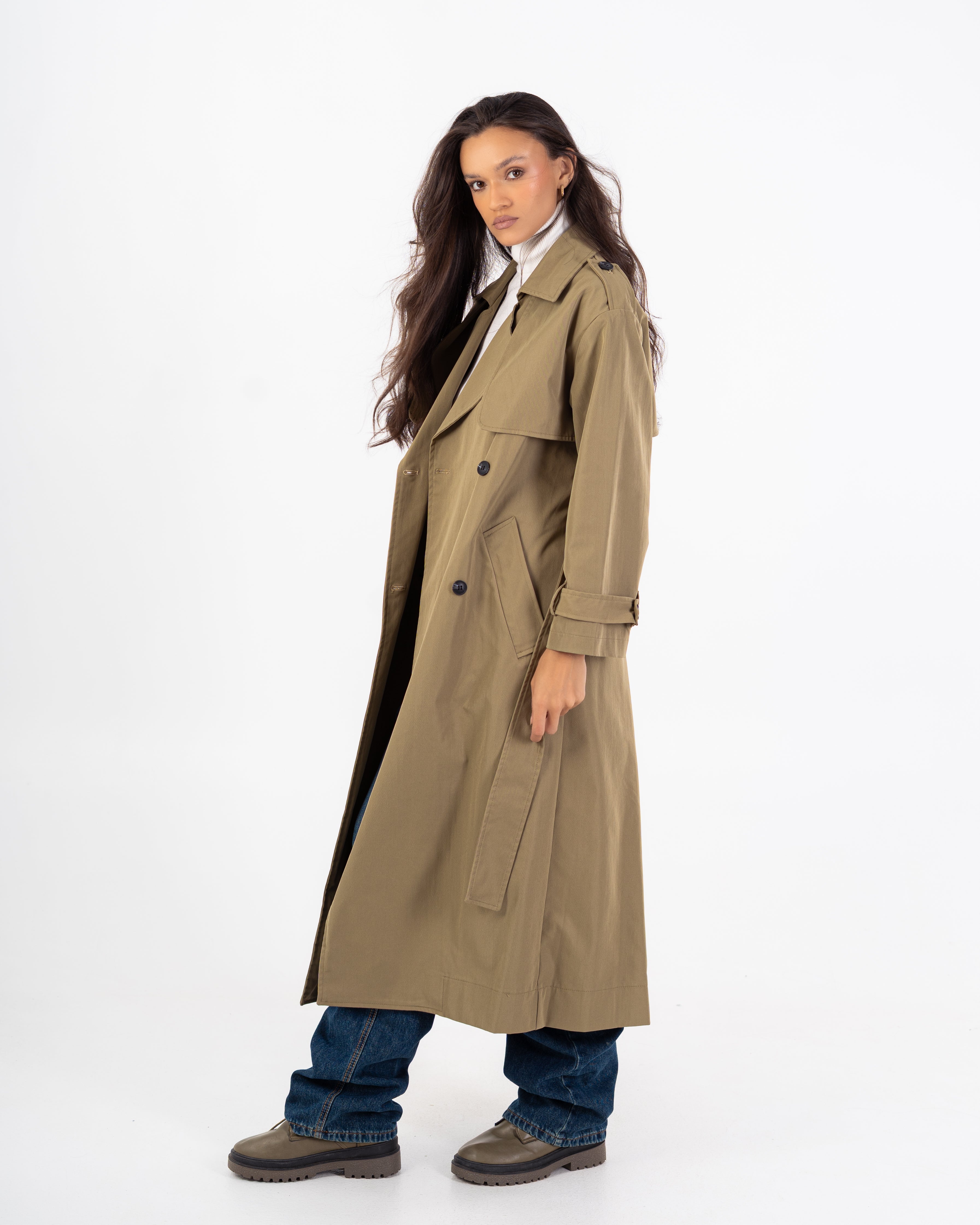 Long Trench Coat – Plain (With Belt And Buttons)