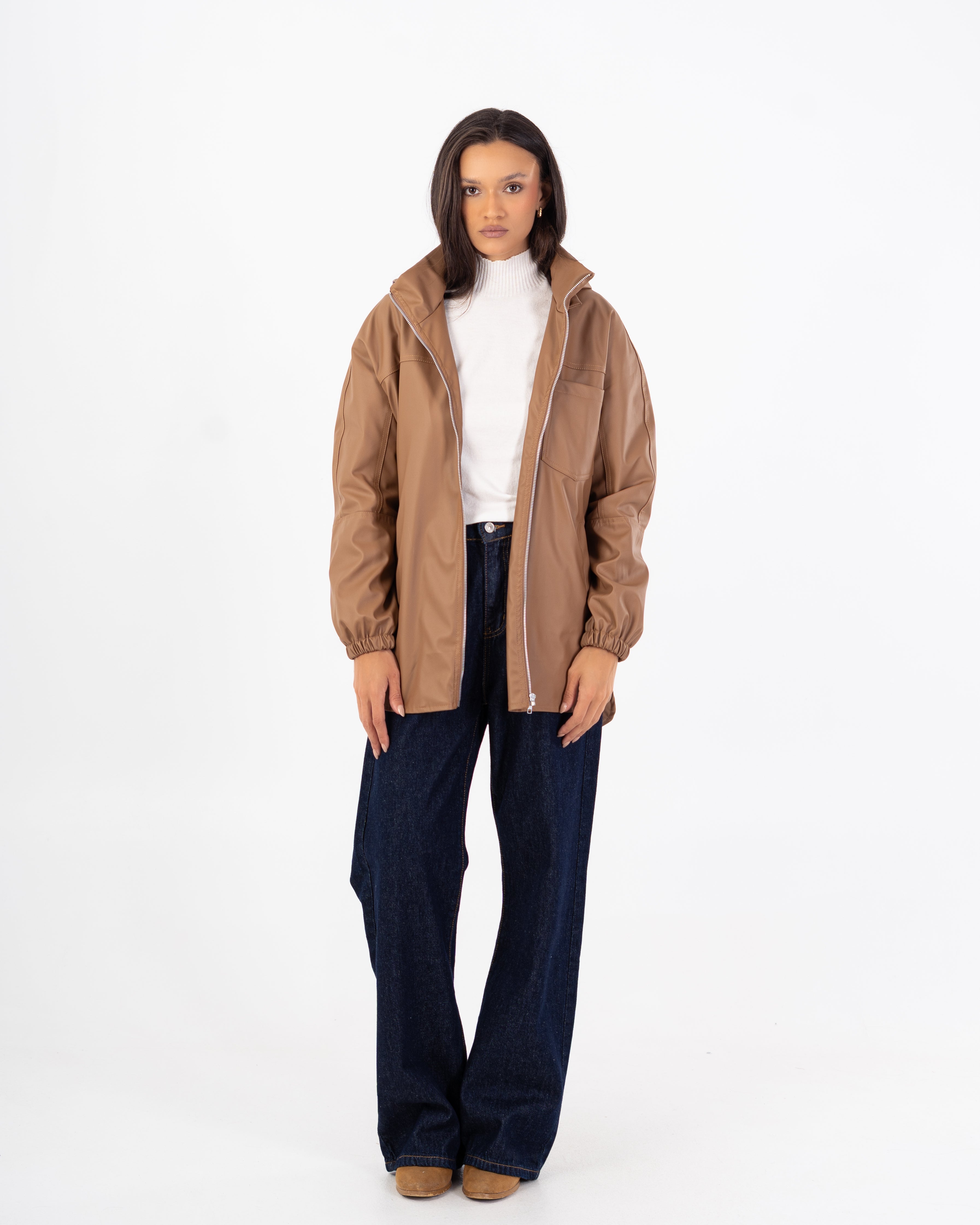 جاكيت جلدي - سادة (أكمام مرنة، جيب على الصدر)