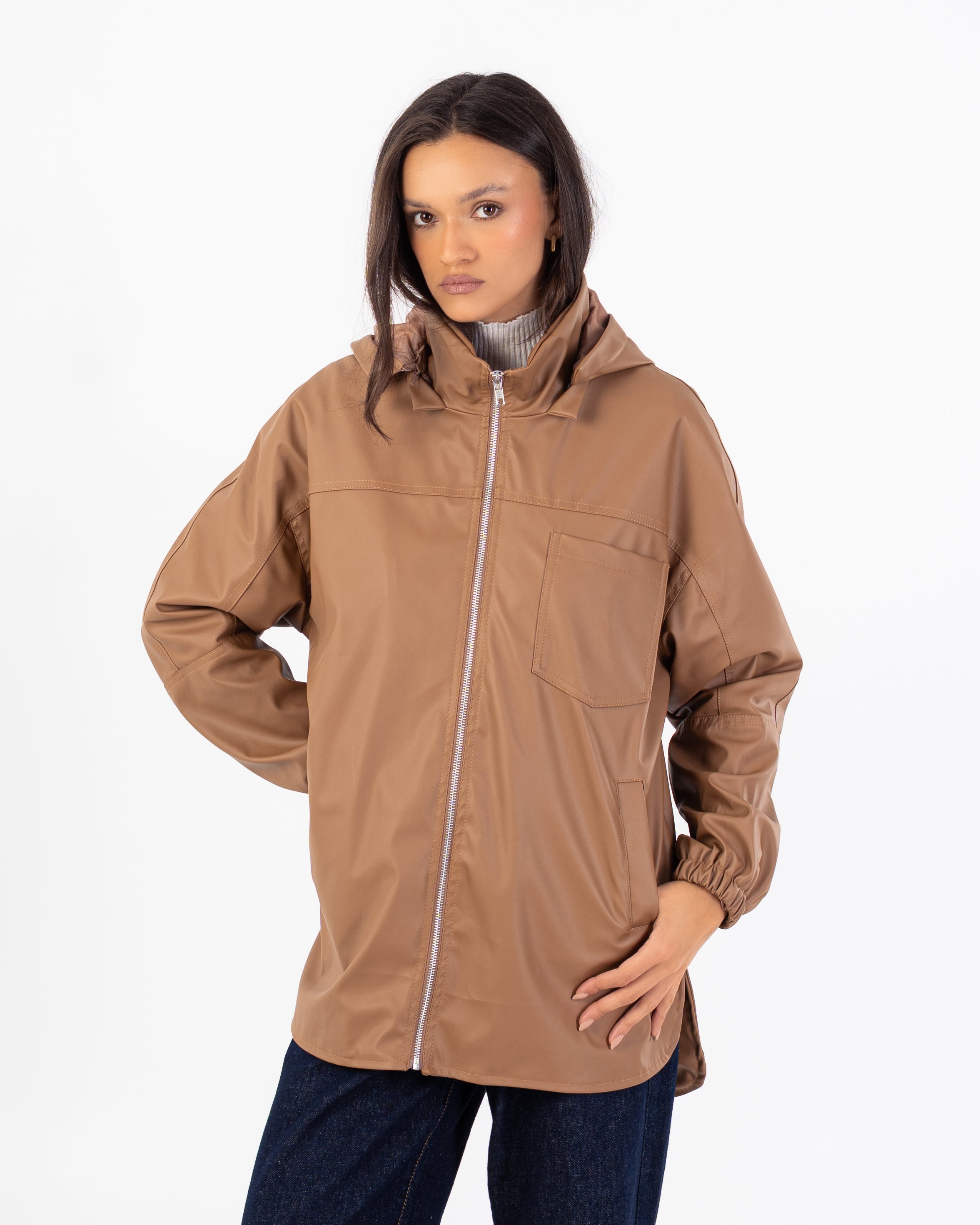 جاكيت جلدي - سادة (أكمام مرنة، جيب على الصدر)