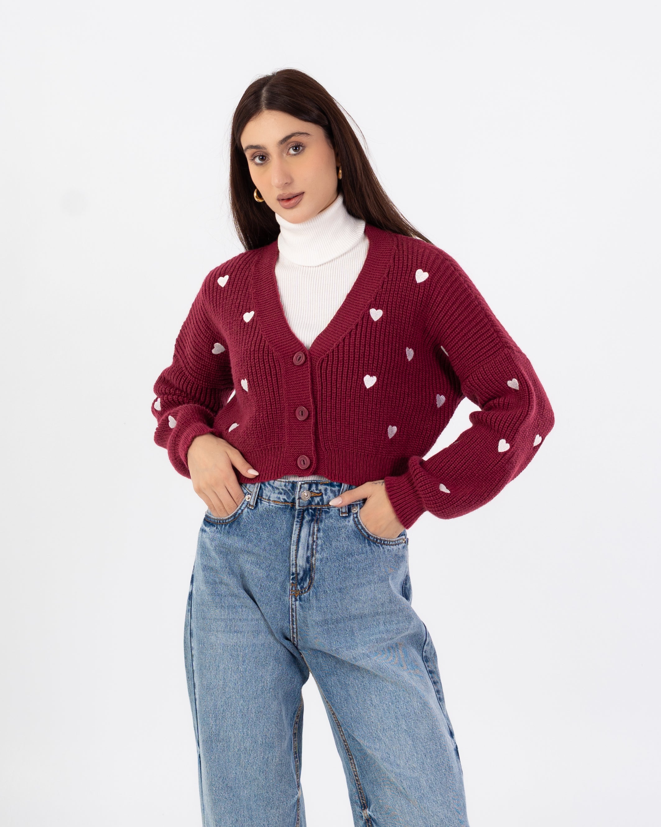 كارديجان محبوك - تطريز على شكل قلب (مفتوح بأزرار)