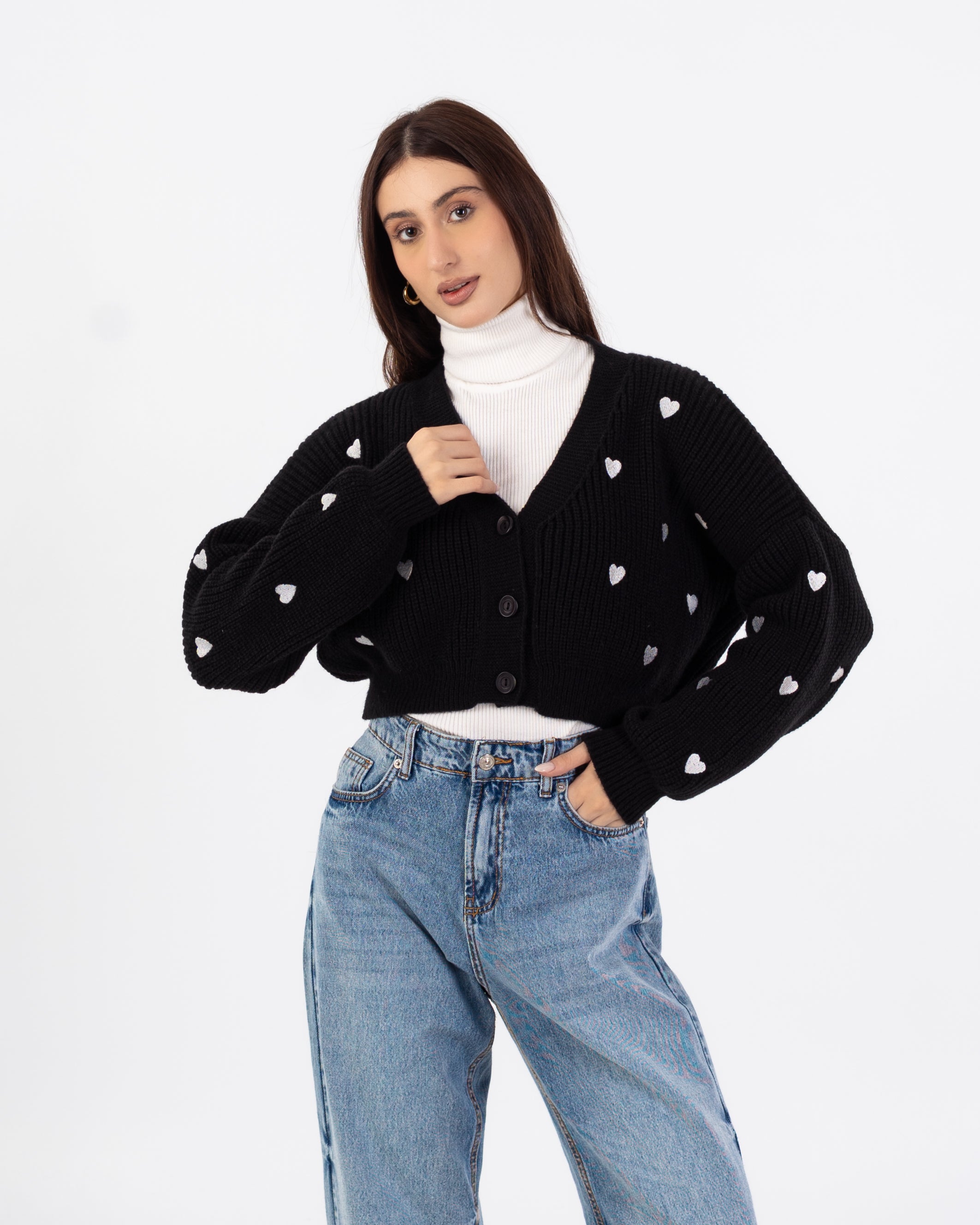 كارديجان محبوك - تطريز على شكل قلب (مفتوح بأزرار)