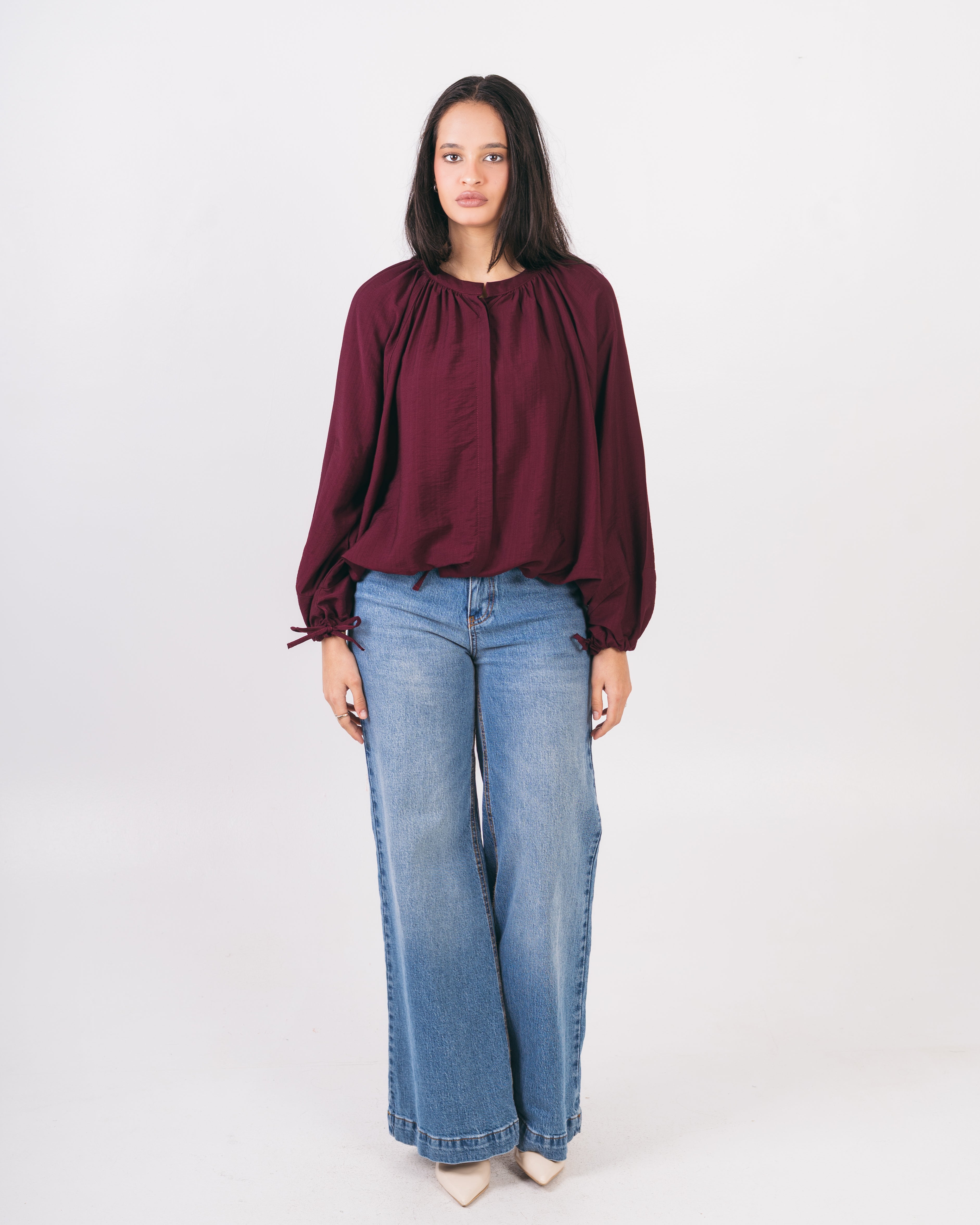 Oversized Plain - Blouse With Tie