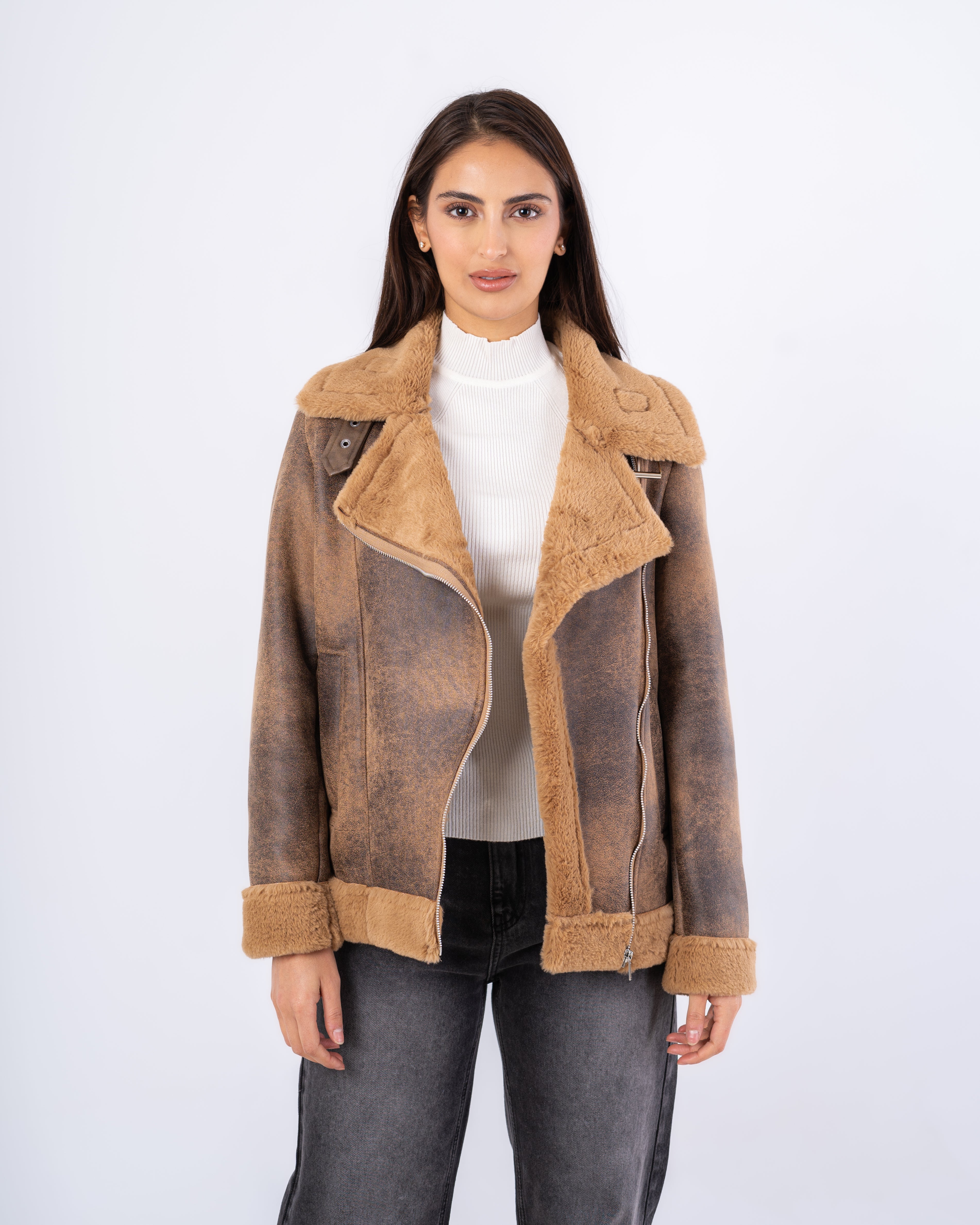 Suede Jacket With - Fur and Belt