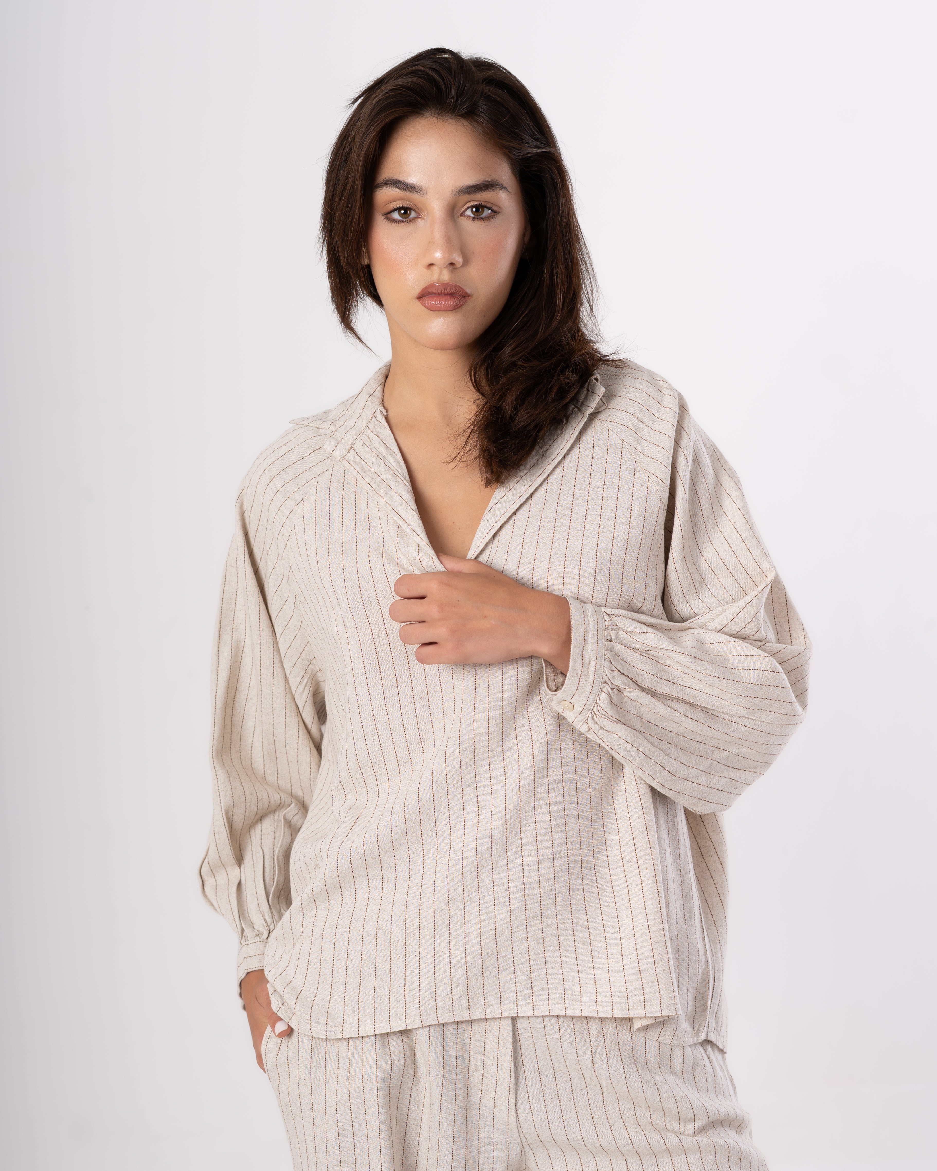 V-Neck Blouse – Fine Stripes