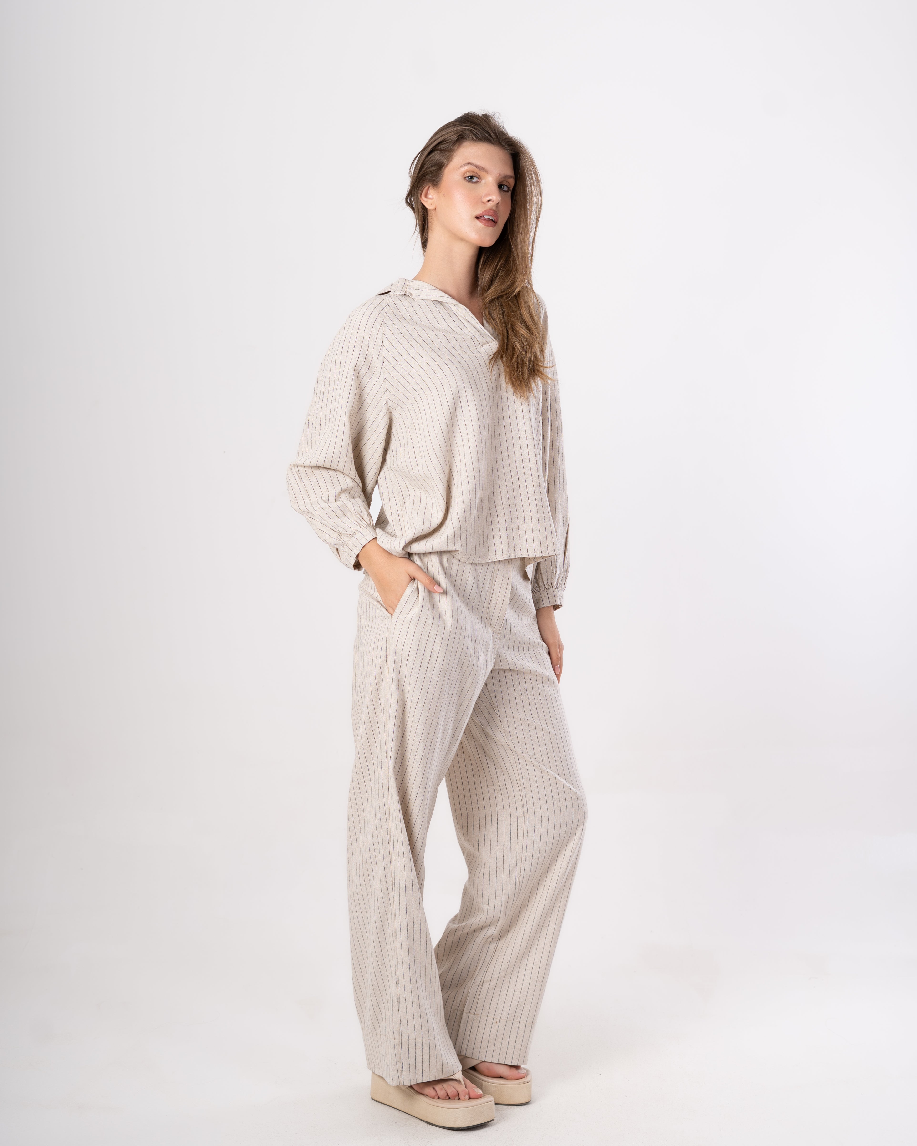 V-Neck Blouse – Fine Stripes