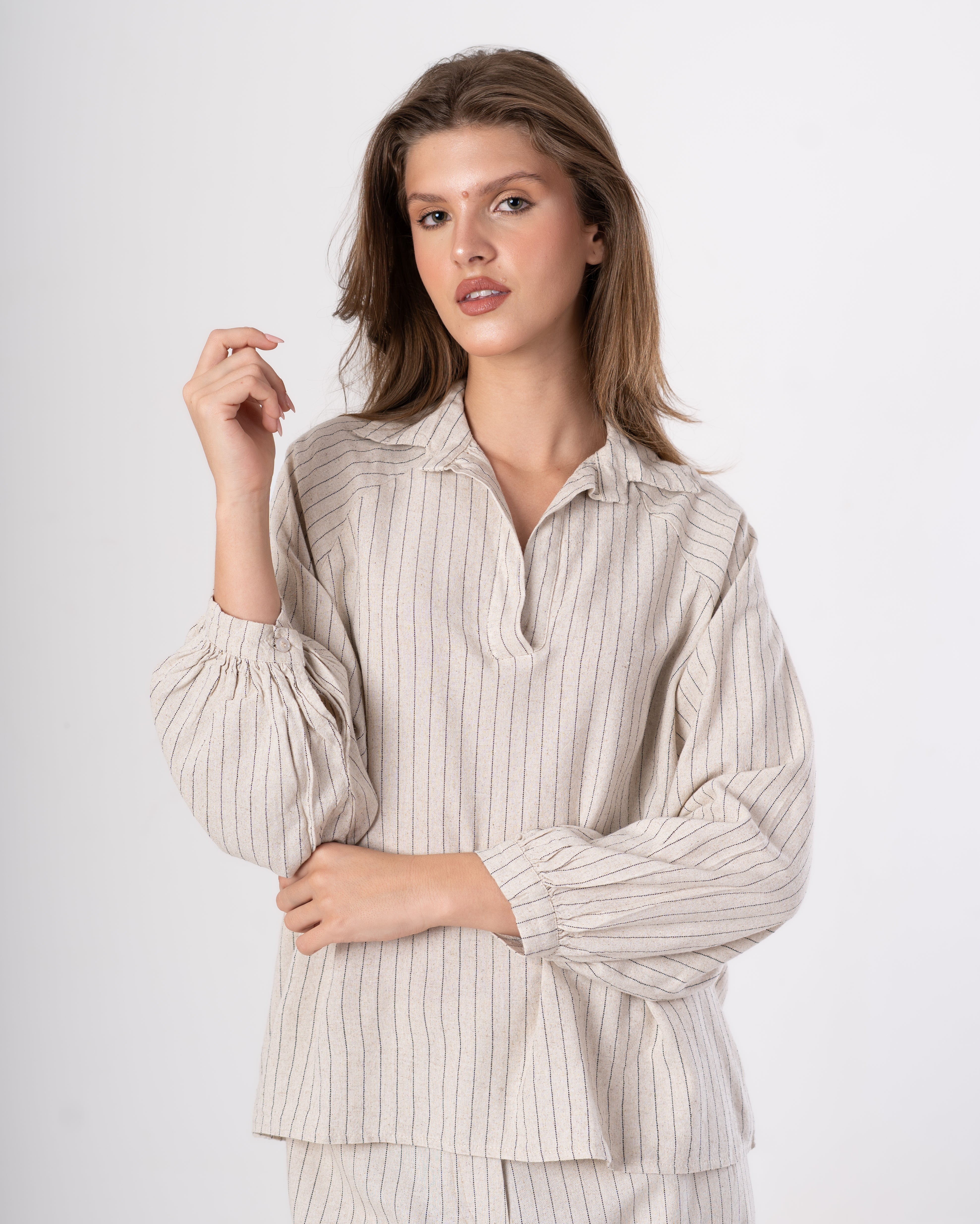 V-Neck Blouse – Fine Stripes