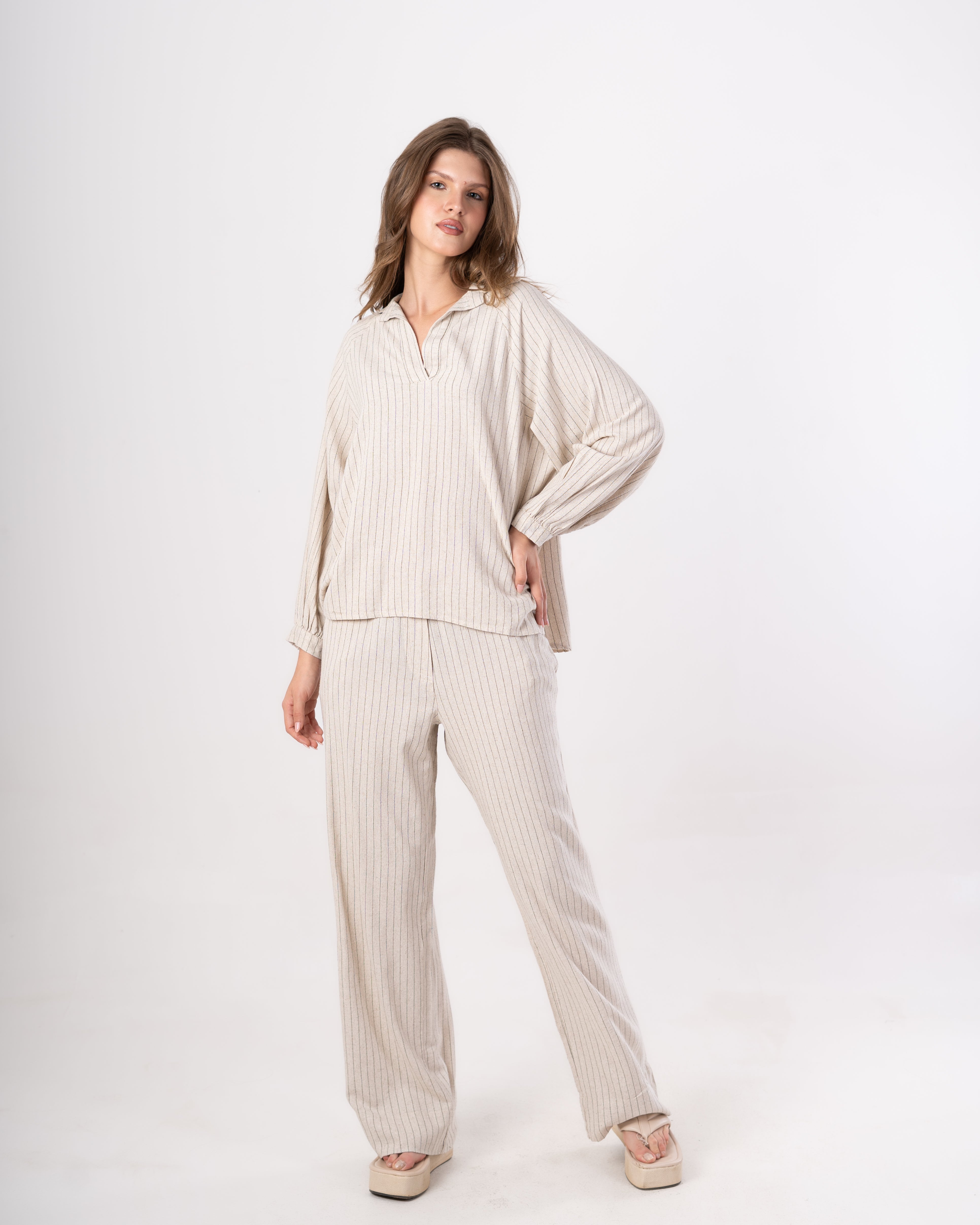 V-Neck Blouse – Fine Stripes