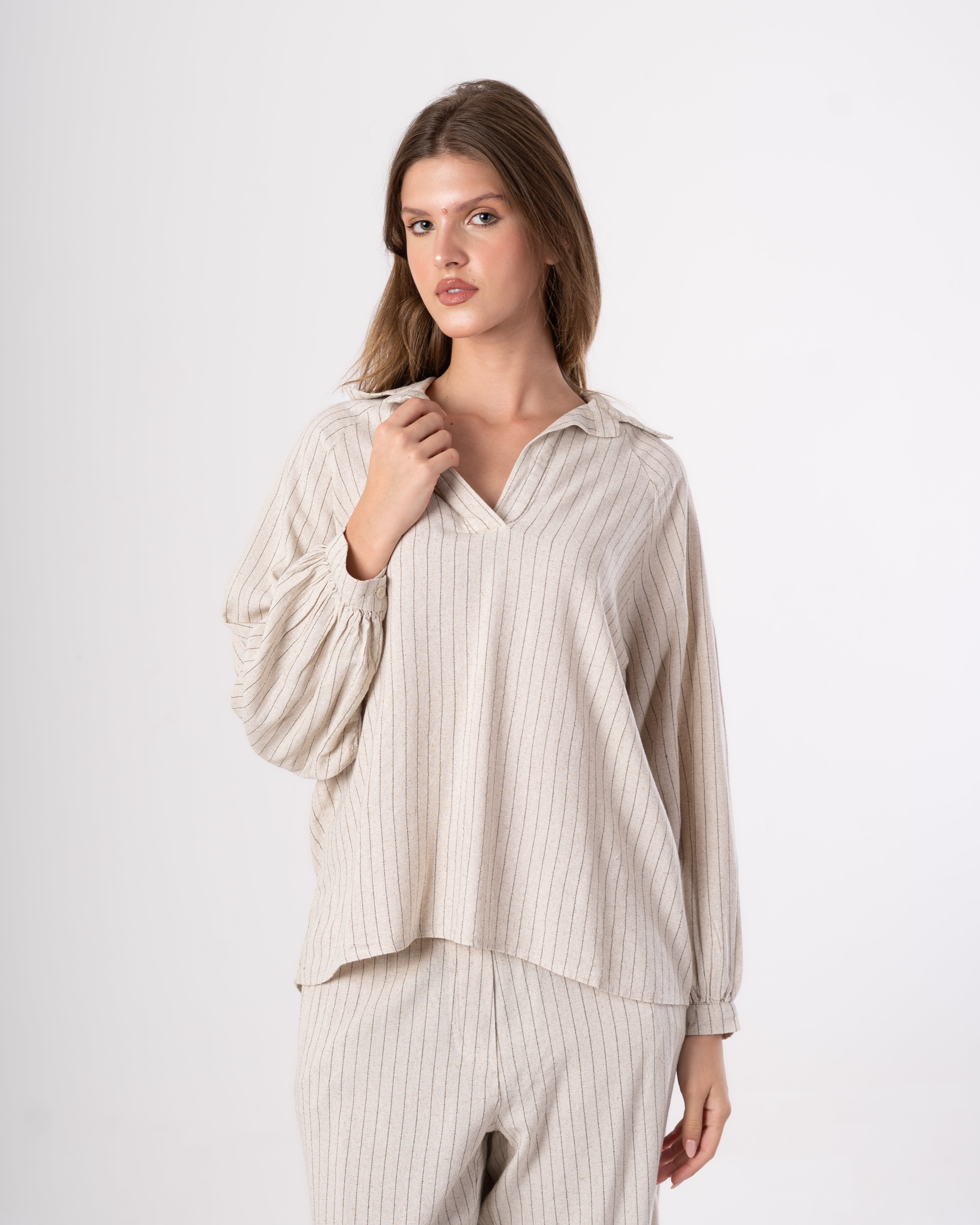 V-Neck Blouse – Fine Stripes