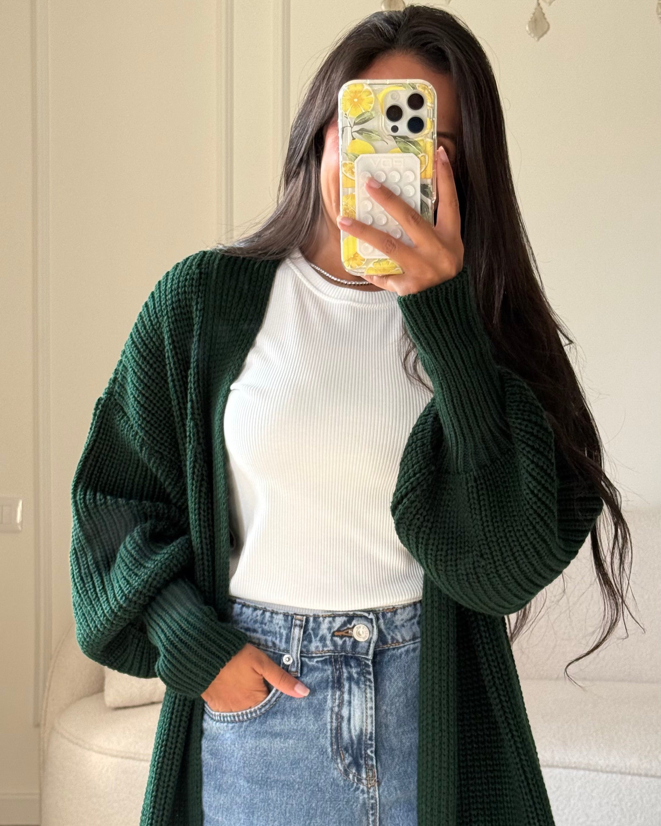 كارديجان محبوك - طويل وبسيط (أكمام مرنة بسيطة)