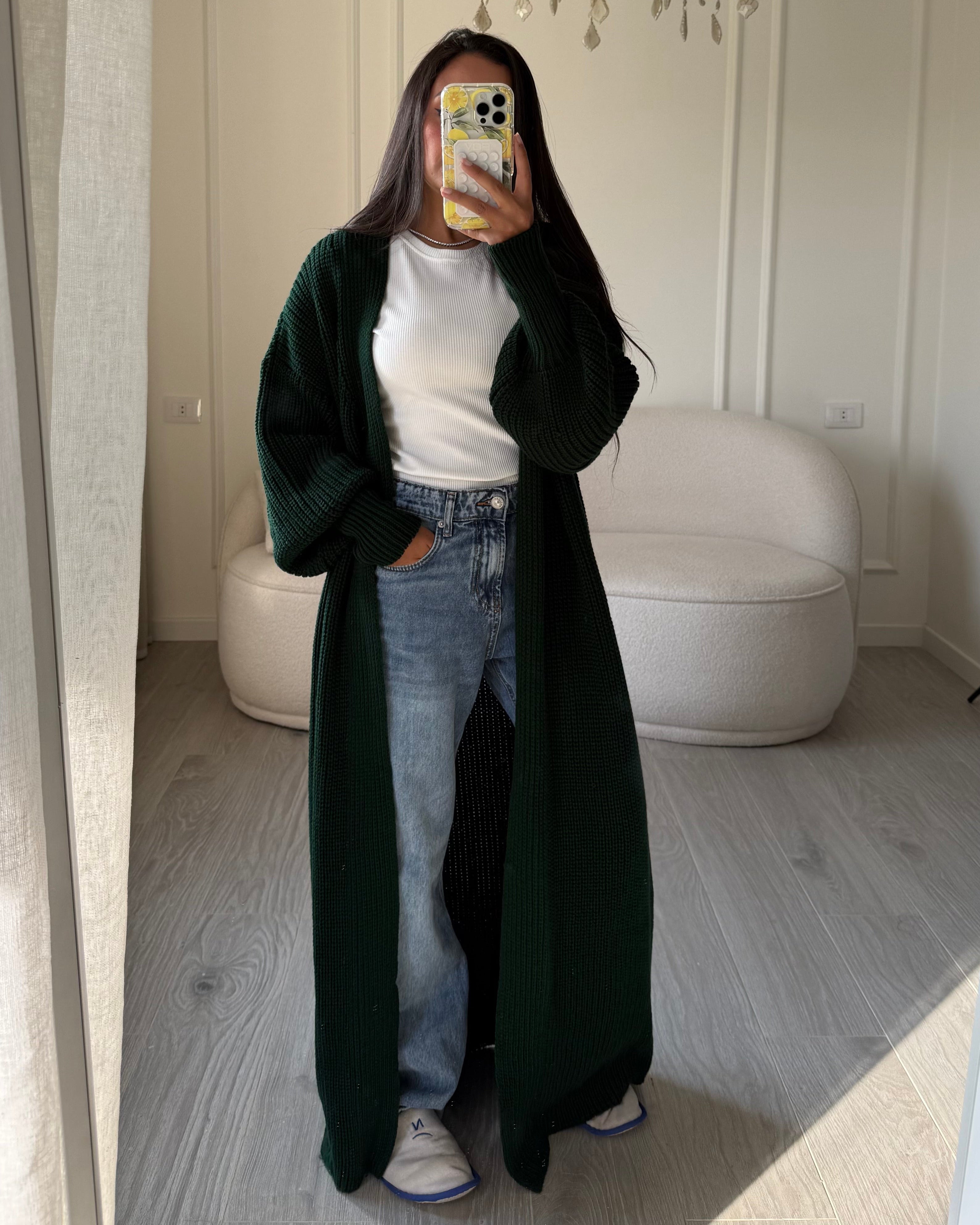 كارديجان محبوك - طويل وبسيط (أكمام مرنة بسيطة)