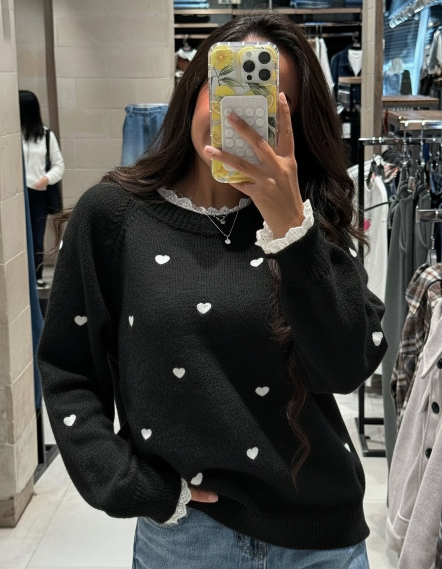 Pullover with hearts and a lace on the neck and sleeves