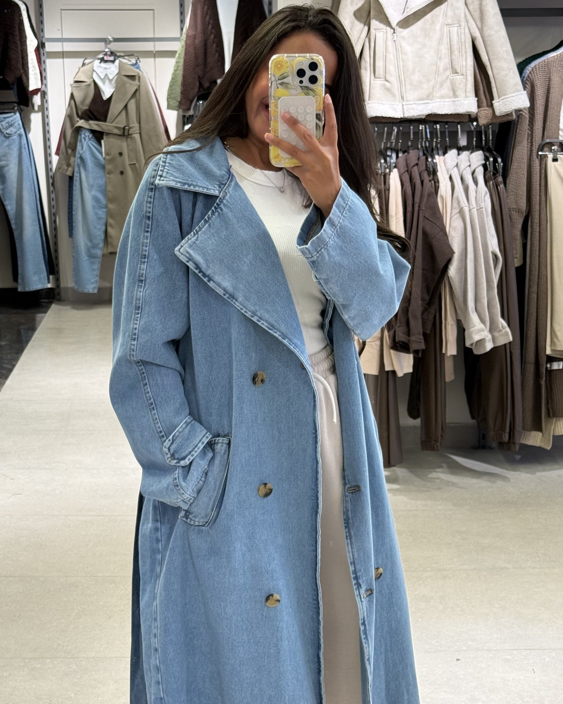 Long Denim Jacket – With Belt (Buttons)