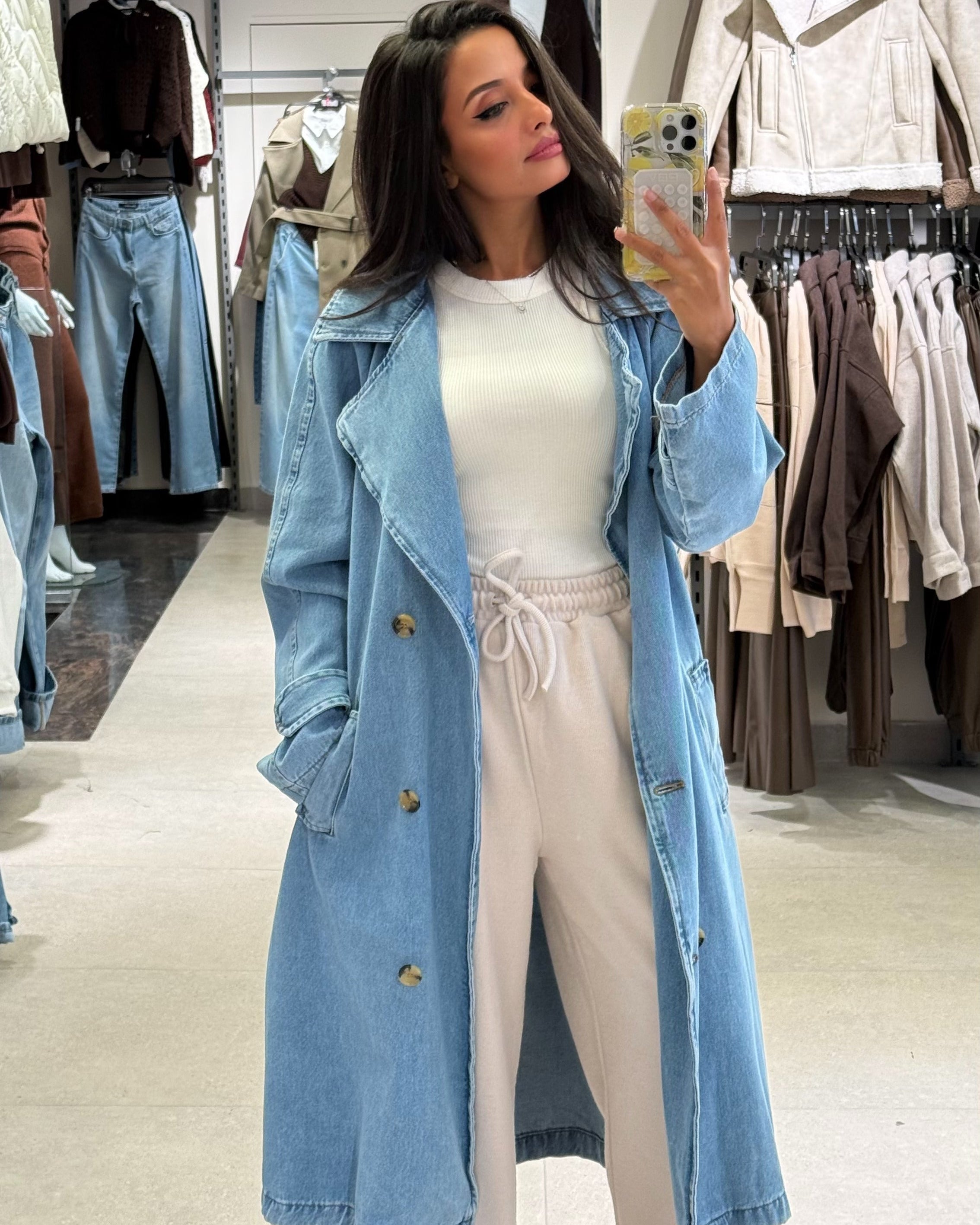 Long Denim Jacket – With Belt (Buttons)