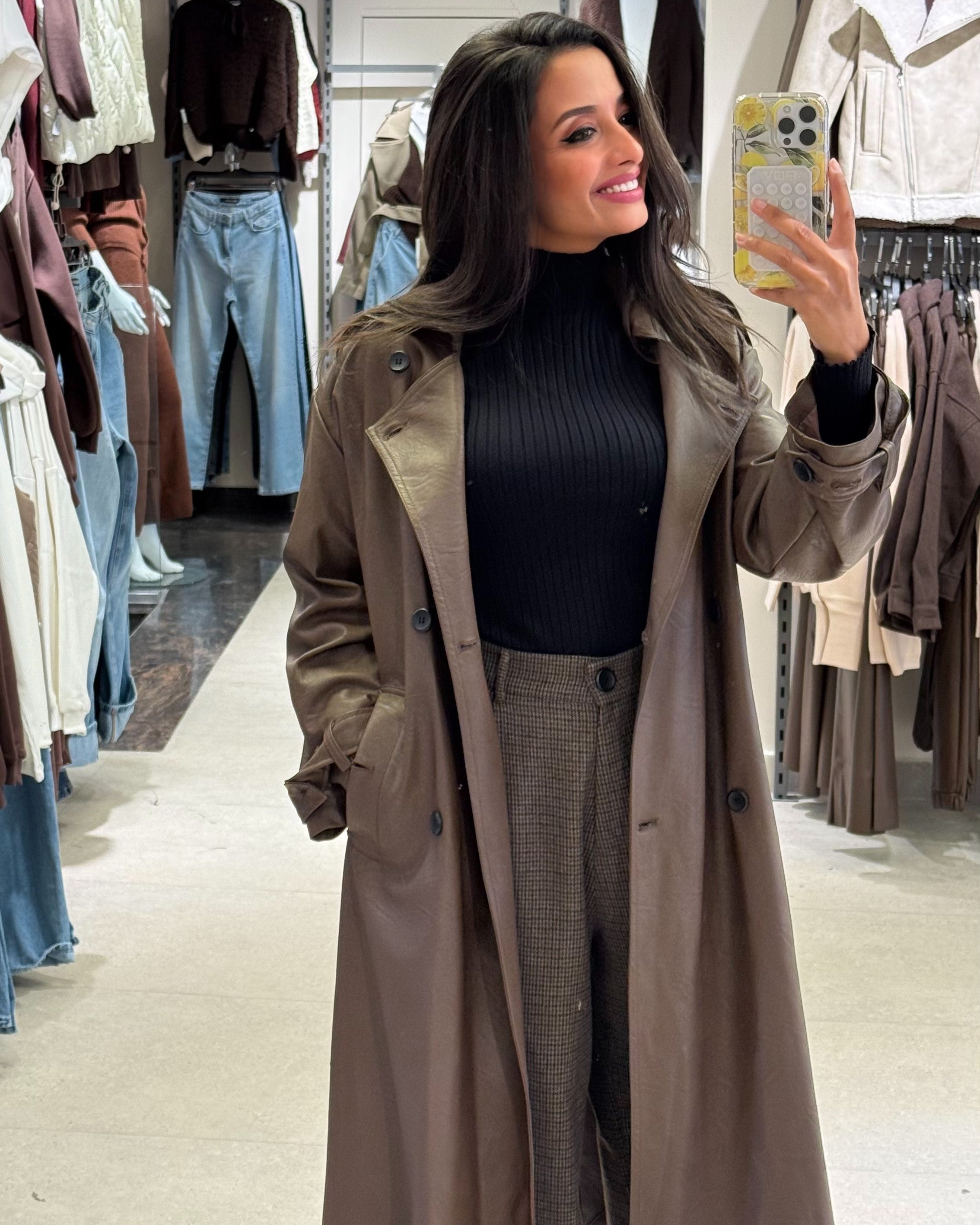 Leather Trench Coat – Plain Long (With Belt, Buttons)