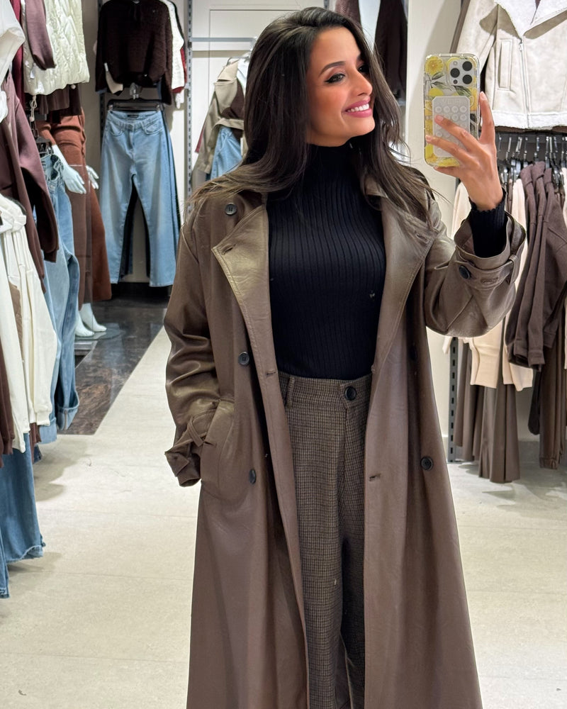 Leather Trench Coat – Plain Long (With Belt, Buttons)