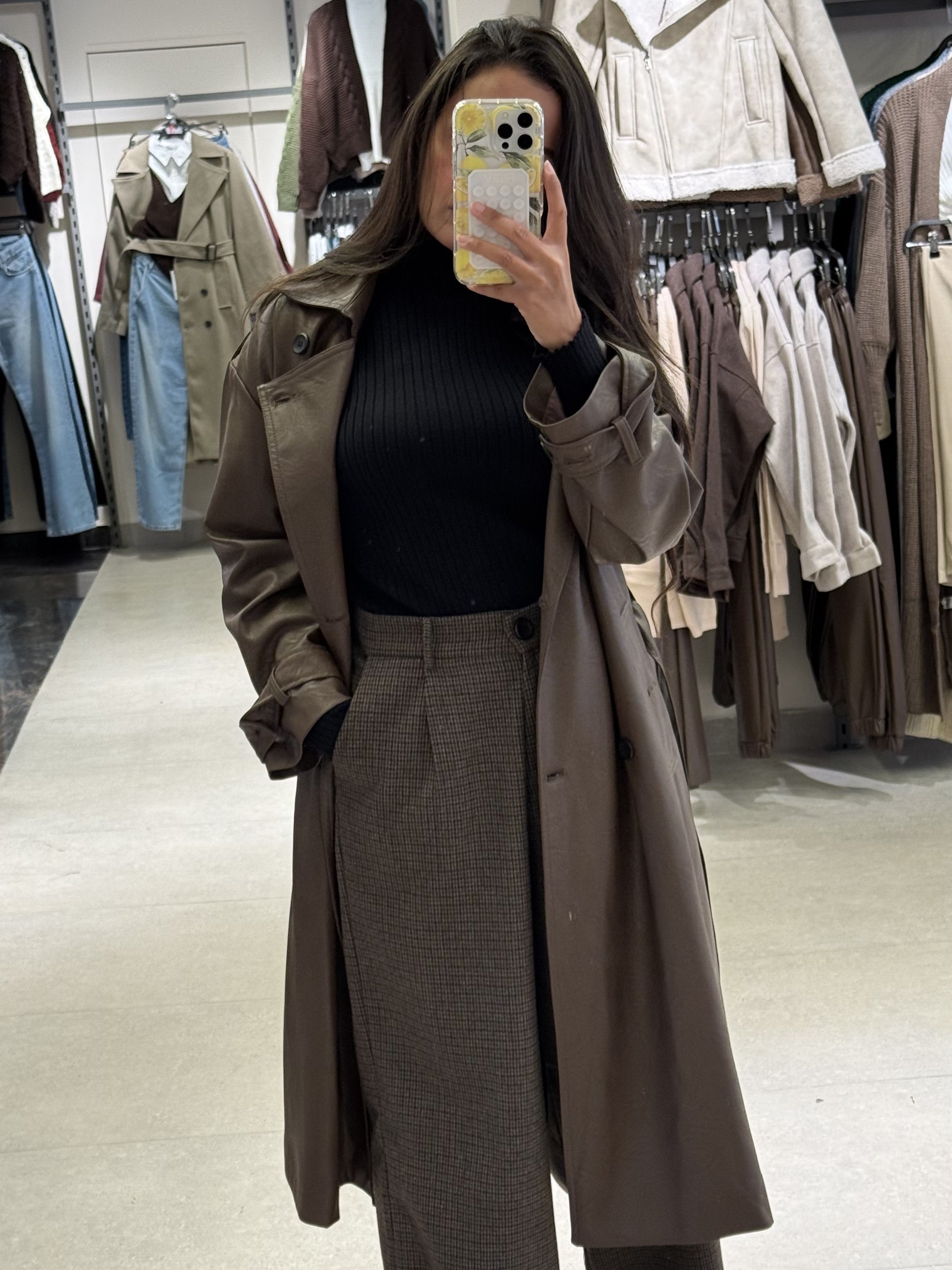 Leather Trench Coat – Plain Long (With Belt, Buttons)
