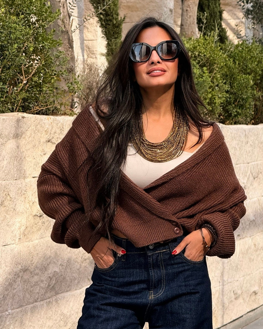 Wide Neck Knitwear Pullover - With Waist Buttons