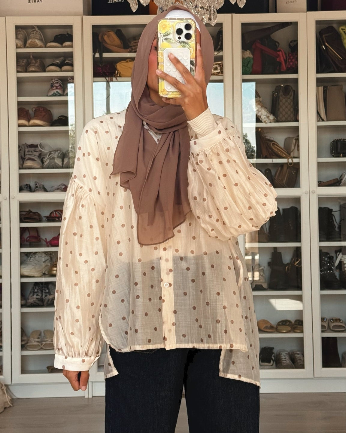 Polka Dot Silky Shirt with Puff Sleeves
