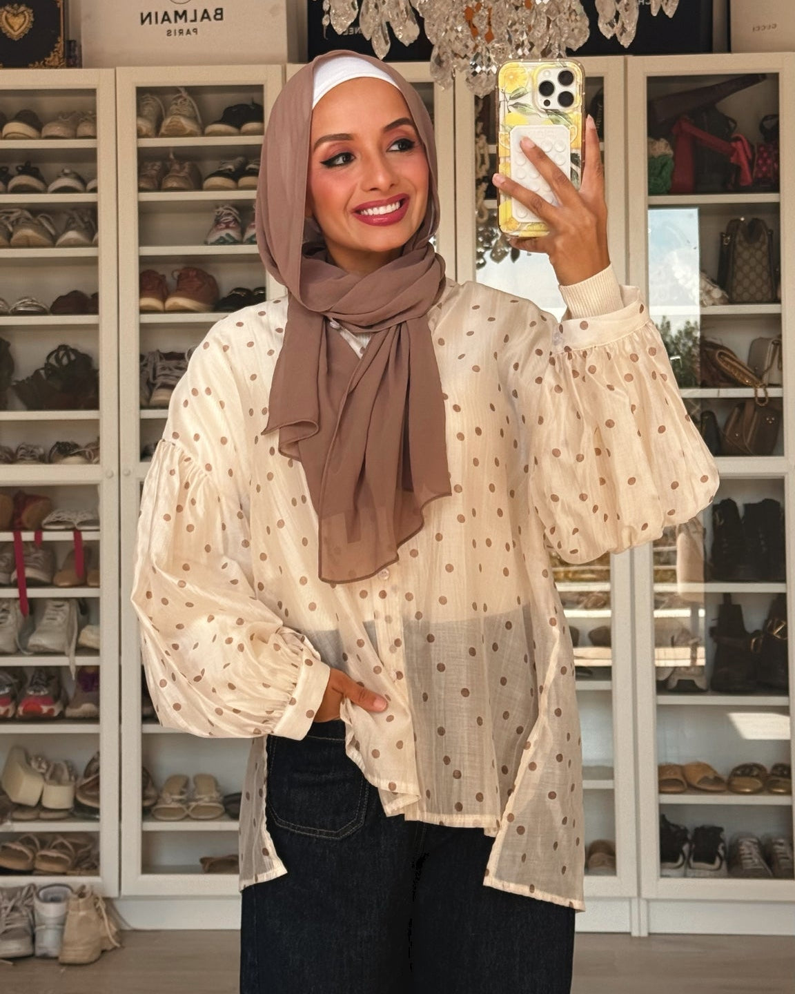 Polka Dot Silky Shirt with Puff Sleeves