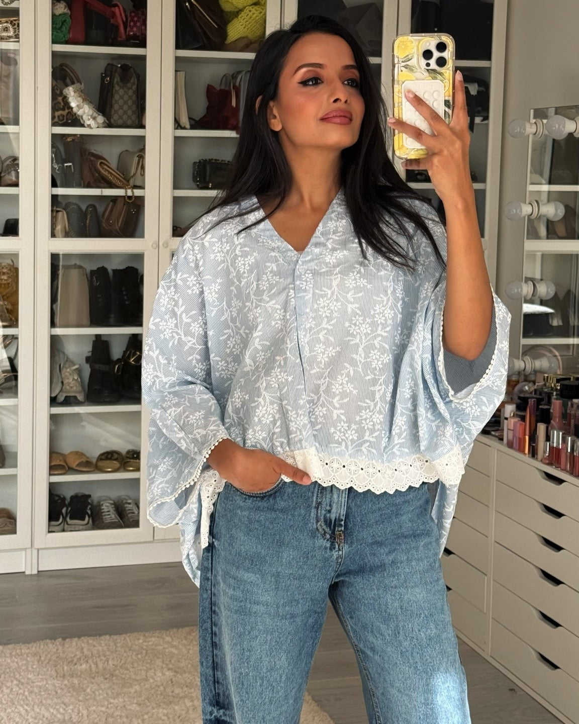 Floral Blouse with Lace Trim