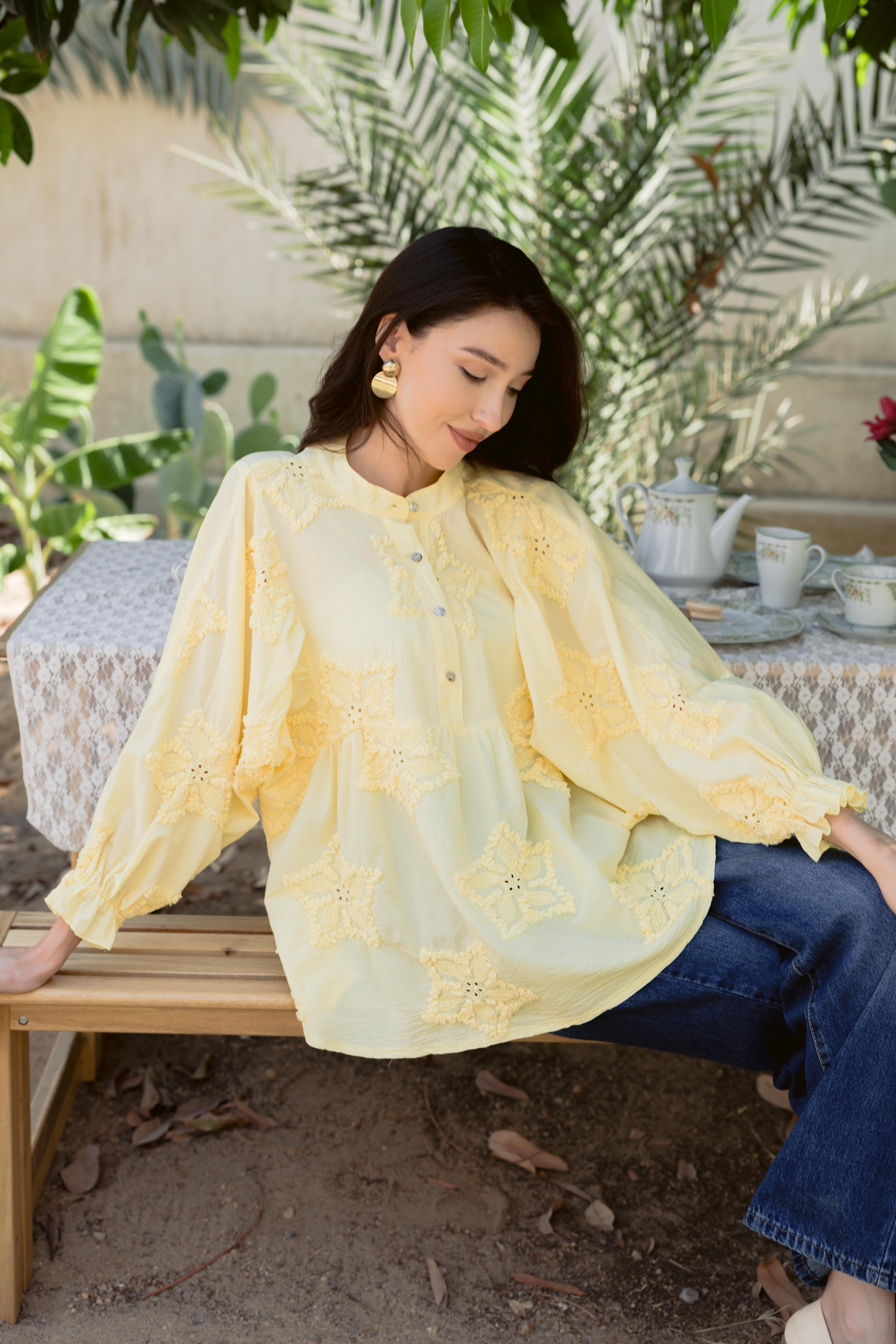Puff-Sleeve Embroidered Blouse