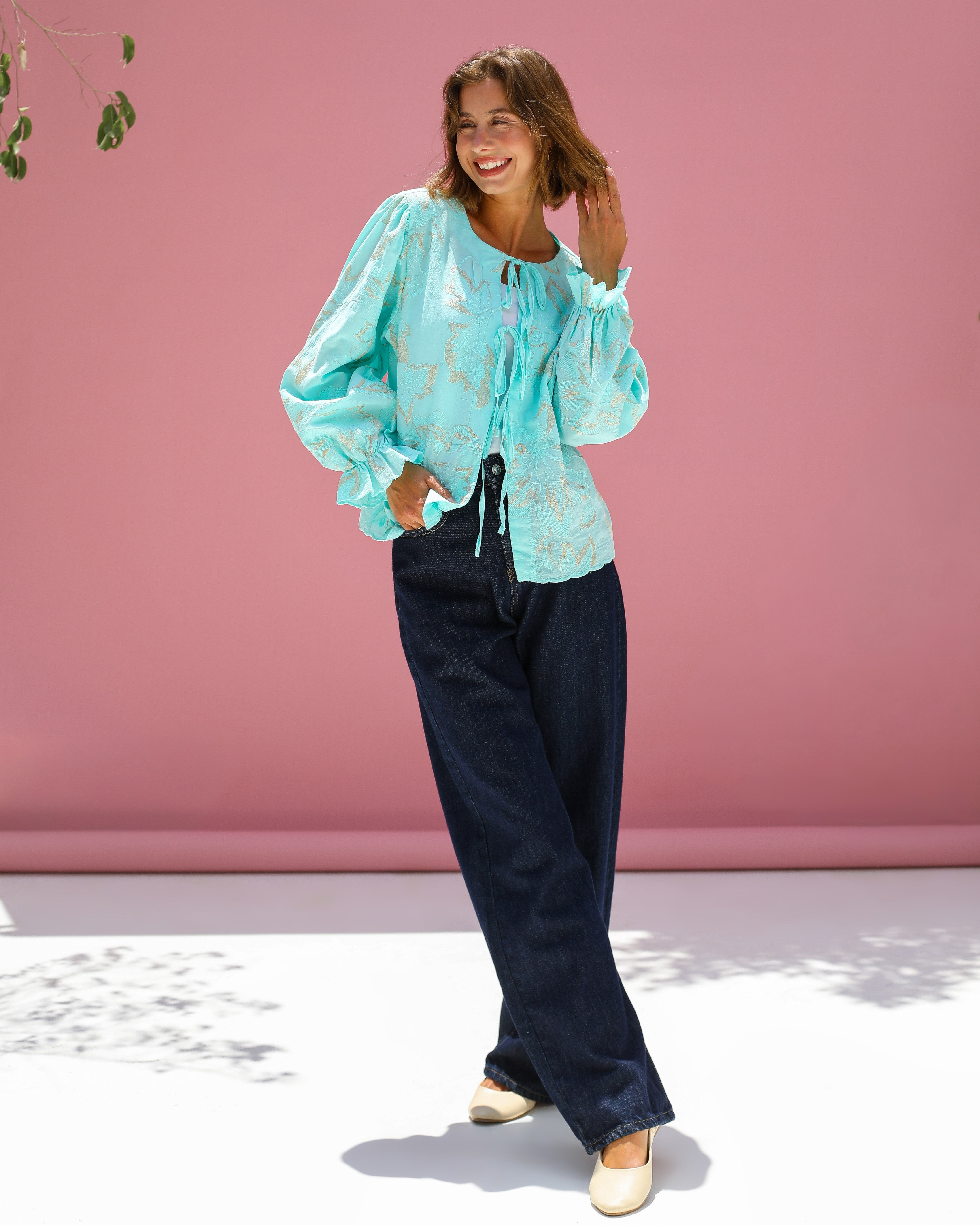 Rose Embroidered Tie Blouse