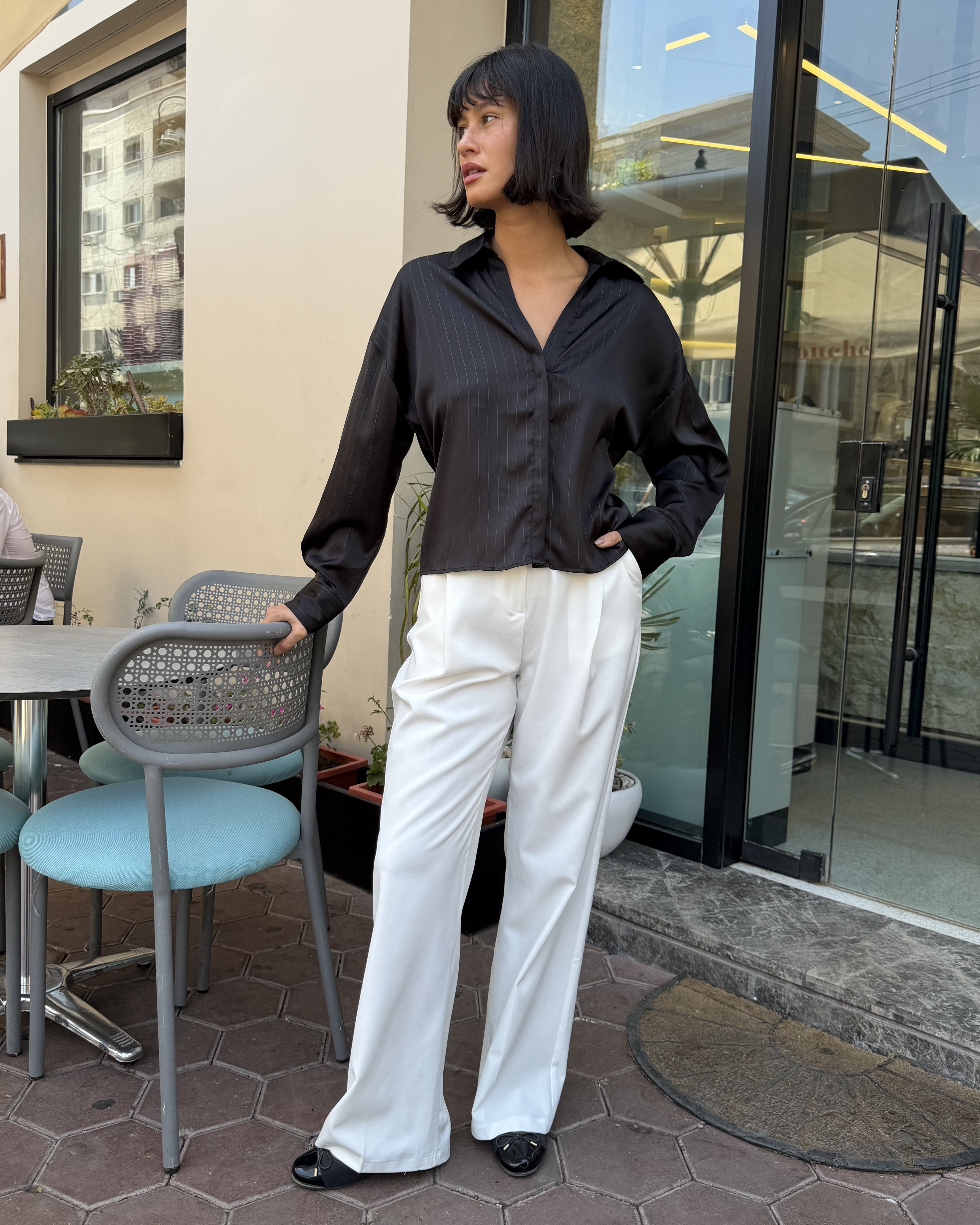 Short Striped Satin Shirt With - Double Button Sleeves
