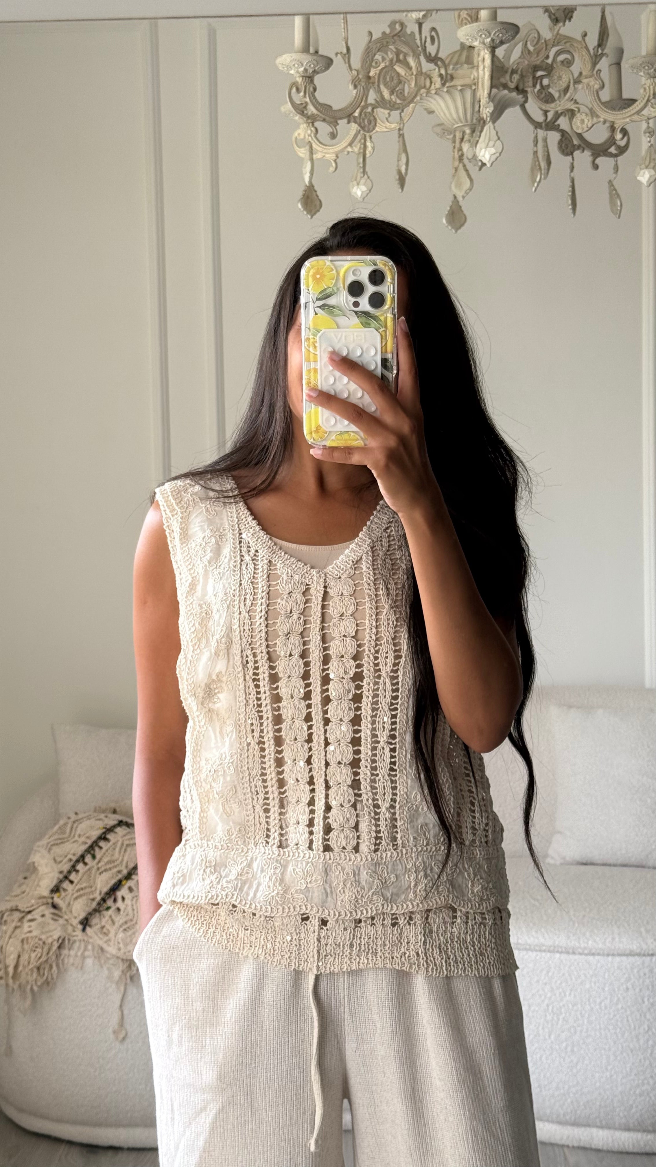 Embroidered Cut Top - Wide V-Neck
