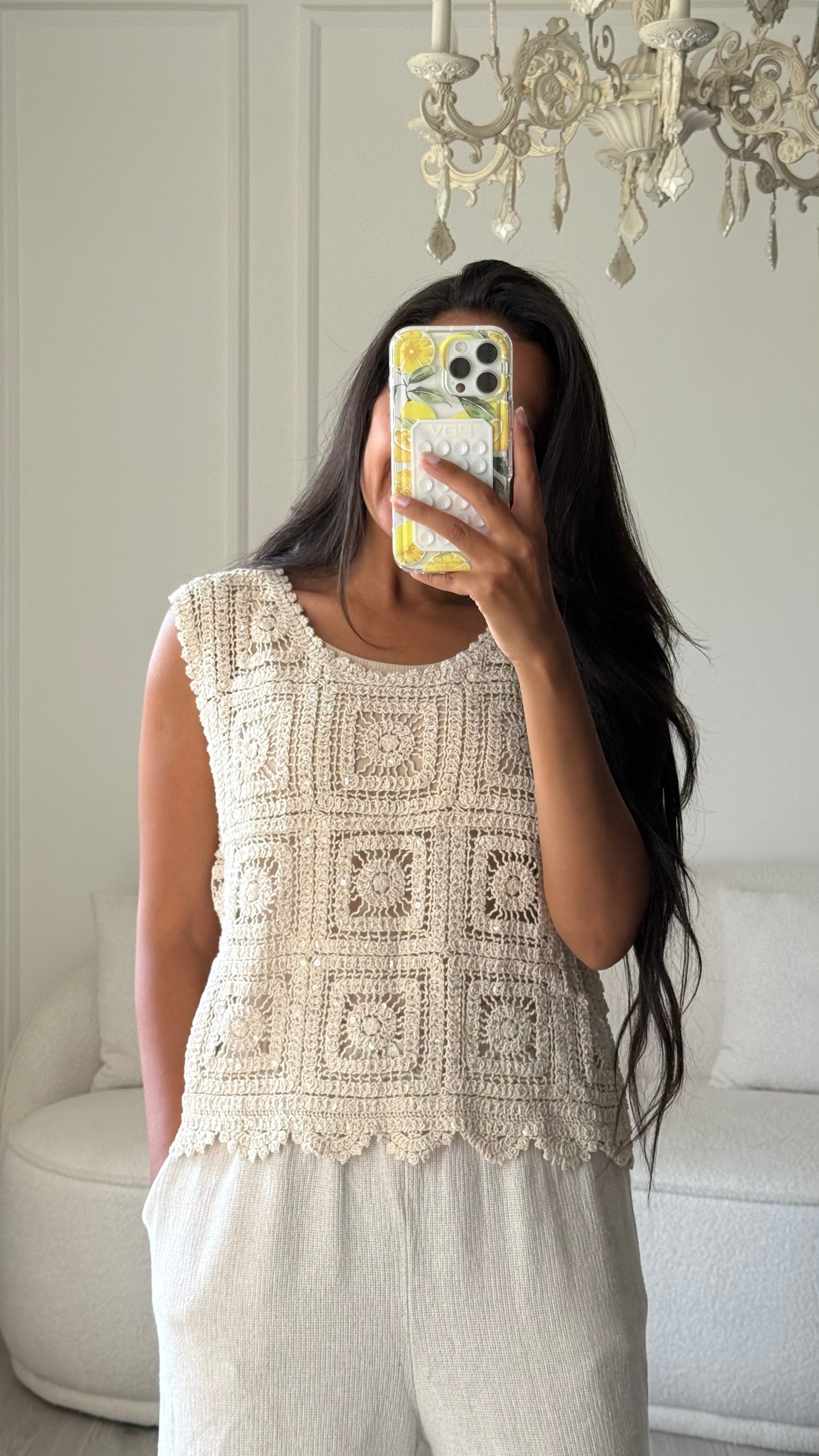 Tricot Top - Checkered Pattern (Round Neckline )