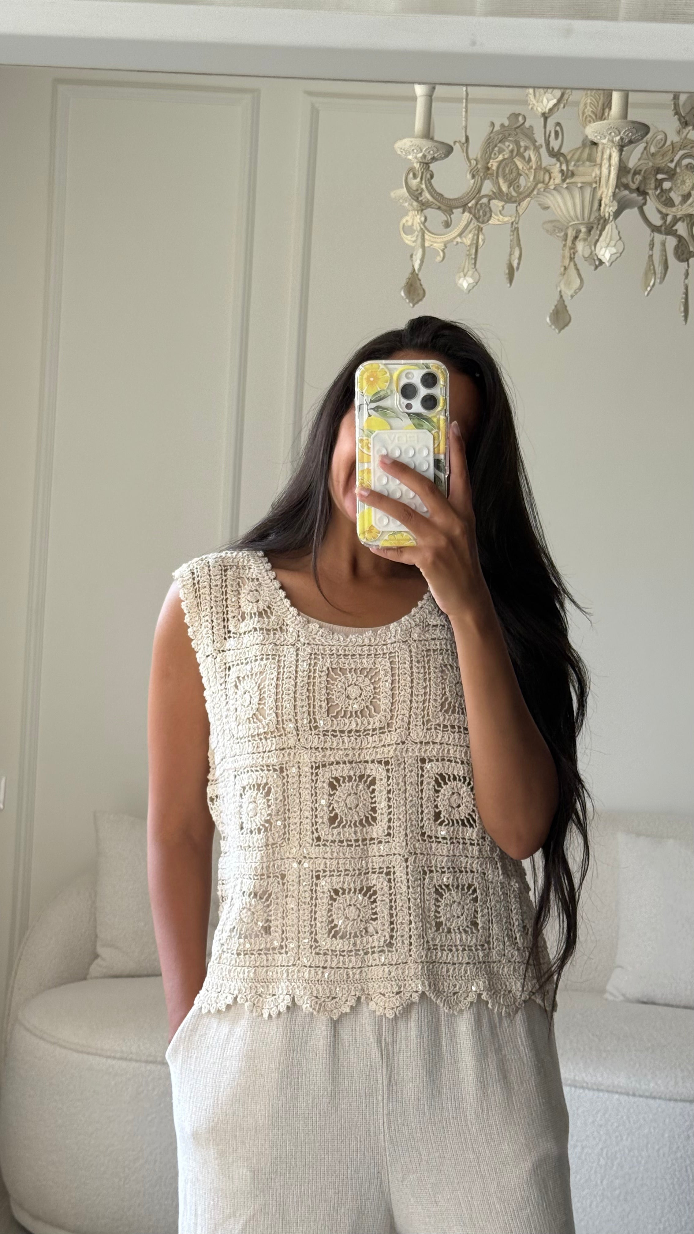 Tricot Top - Checkered Pattern (Round Neckline )