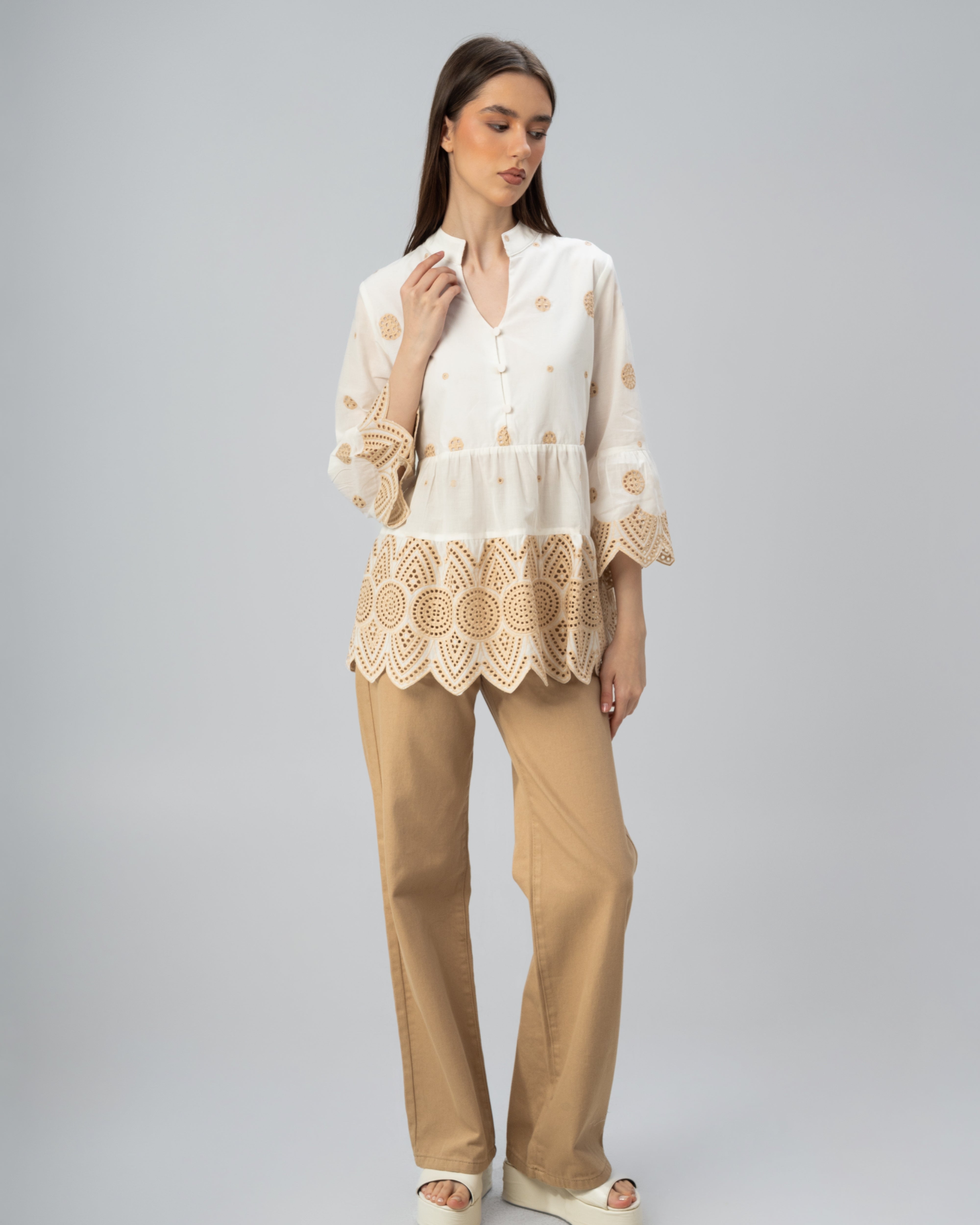 Wide Neck Blouse With - Circle Embroidery
