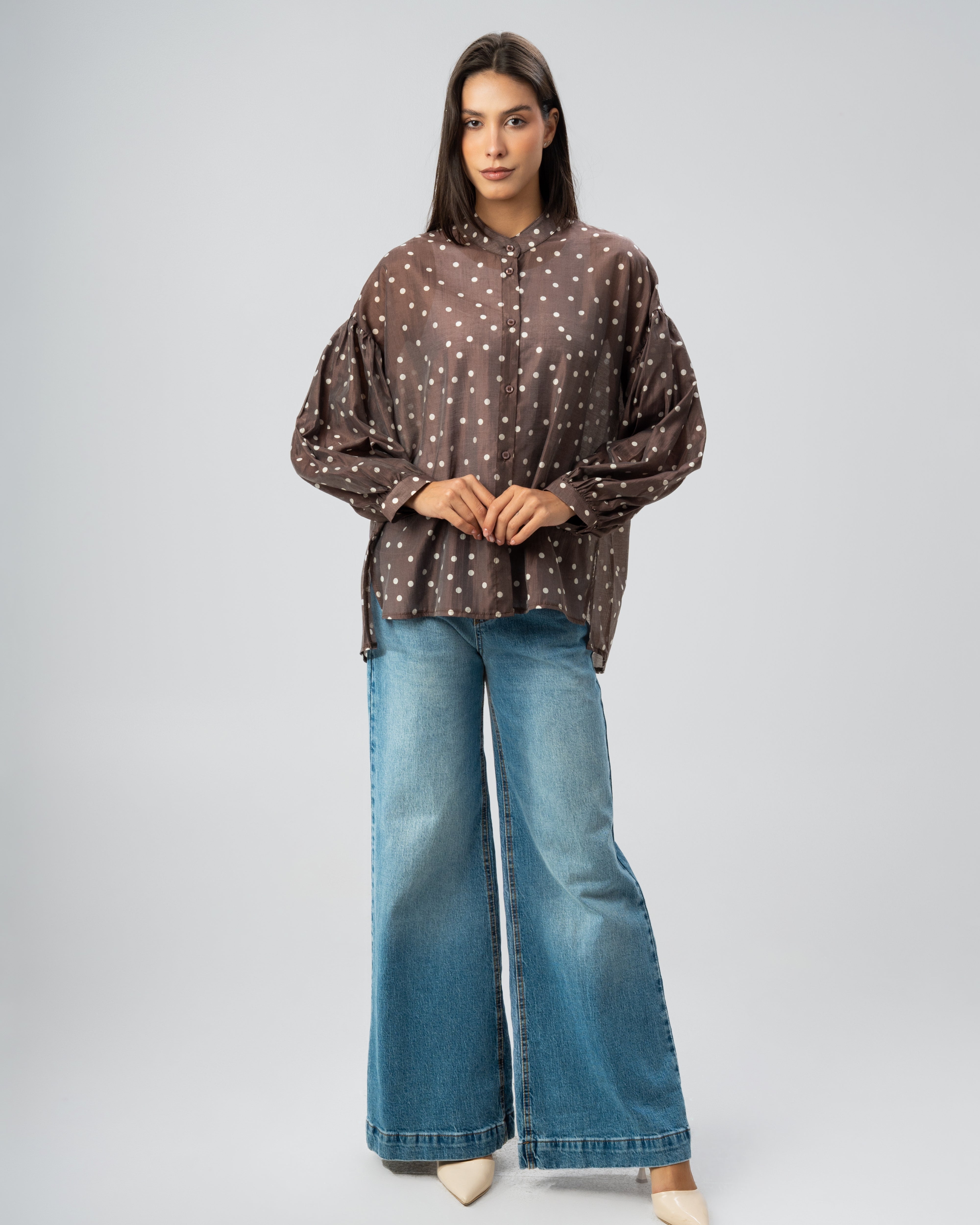 Polka Dot Silky Shirt with Puff Sleeves